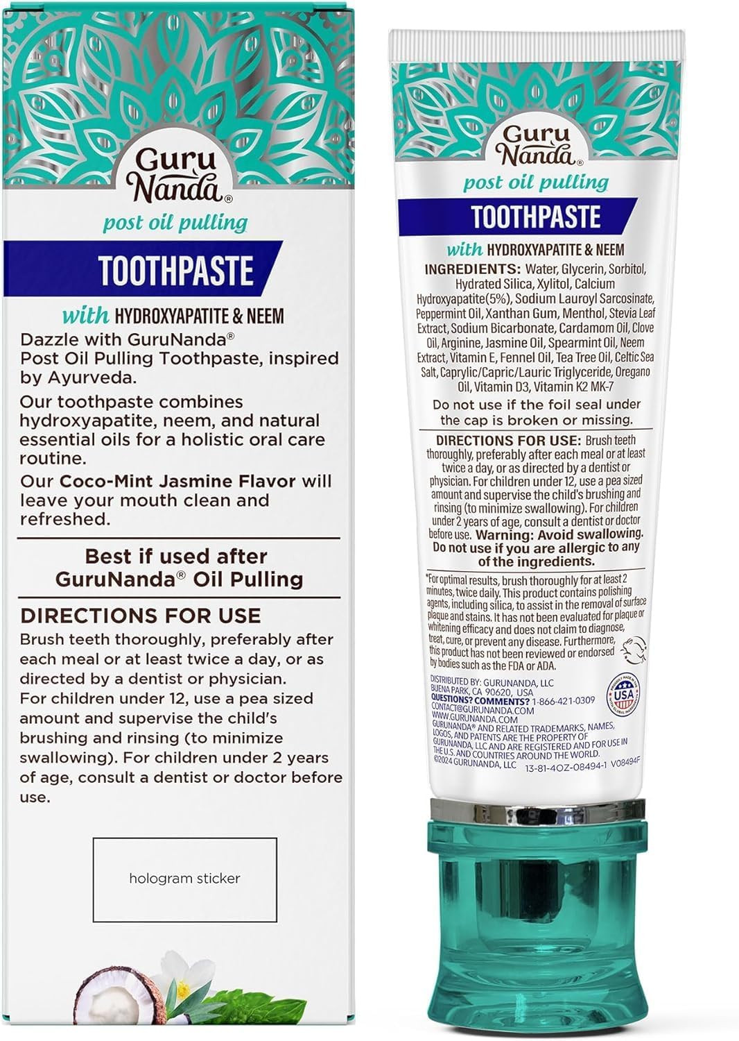 Gurunanda Hydroxyapatite Toothpaste, SLS & Fluoride Free, Whitening Toothpaste w