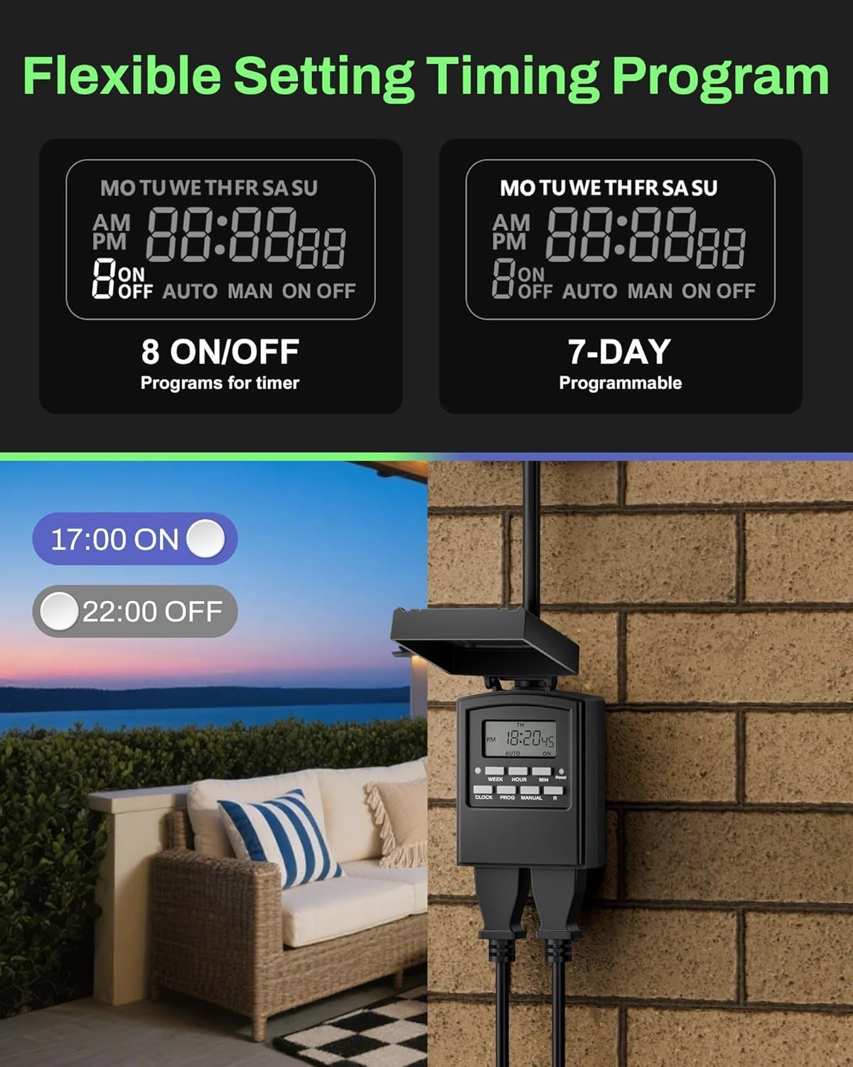 7 Day Outdoor Heavy Duty Digital Programmable Timer, Outdoor Timer Outlet Wat...