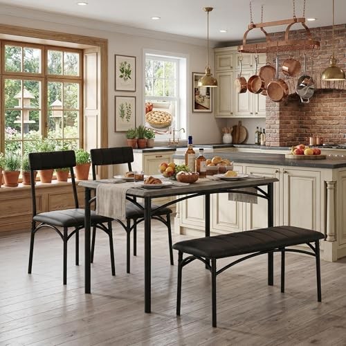 Dining Table Set for 4, Kitchen Table and 2 Chairs with Bench Rustic Gray