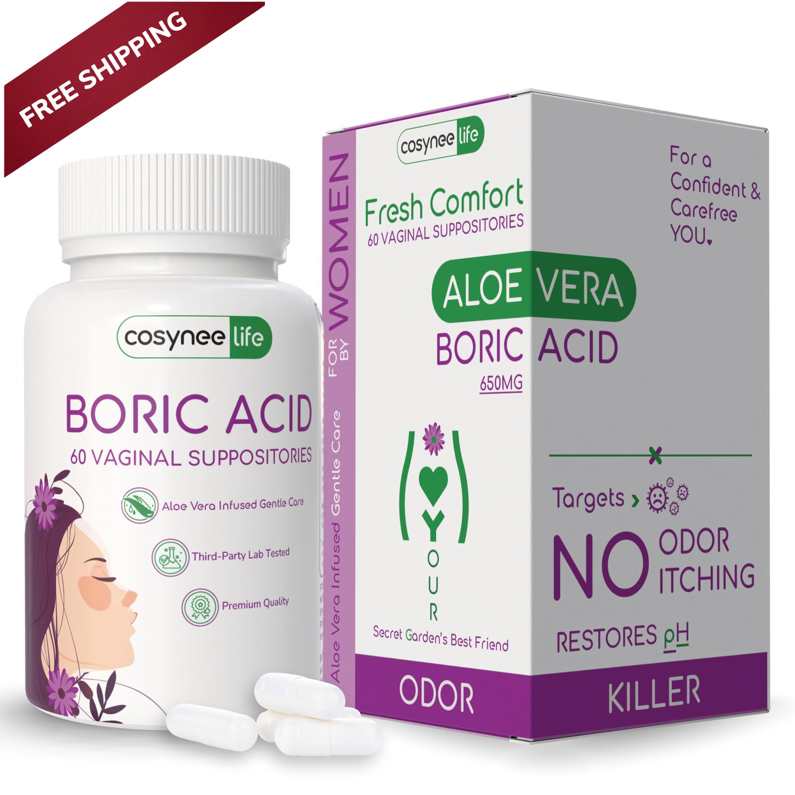 cosynee Boric Acid Capsules for Women with Aloe 60 Count (Pack of 1), White