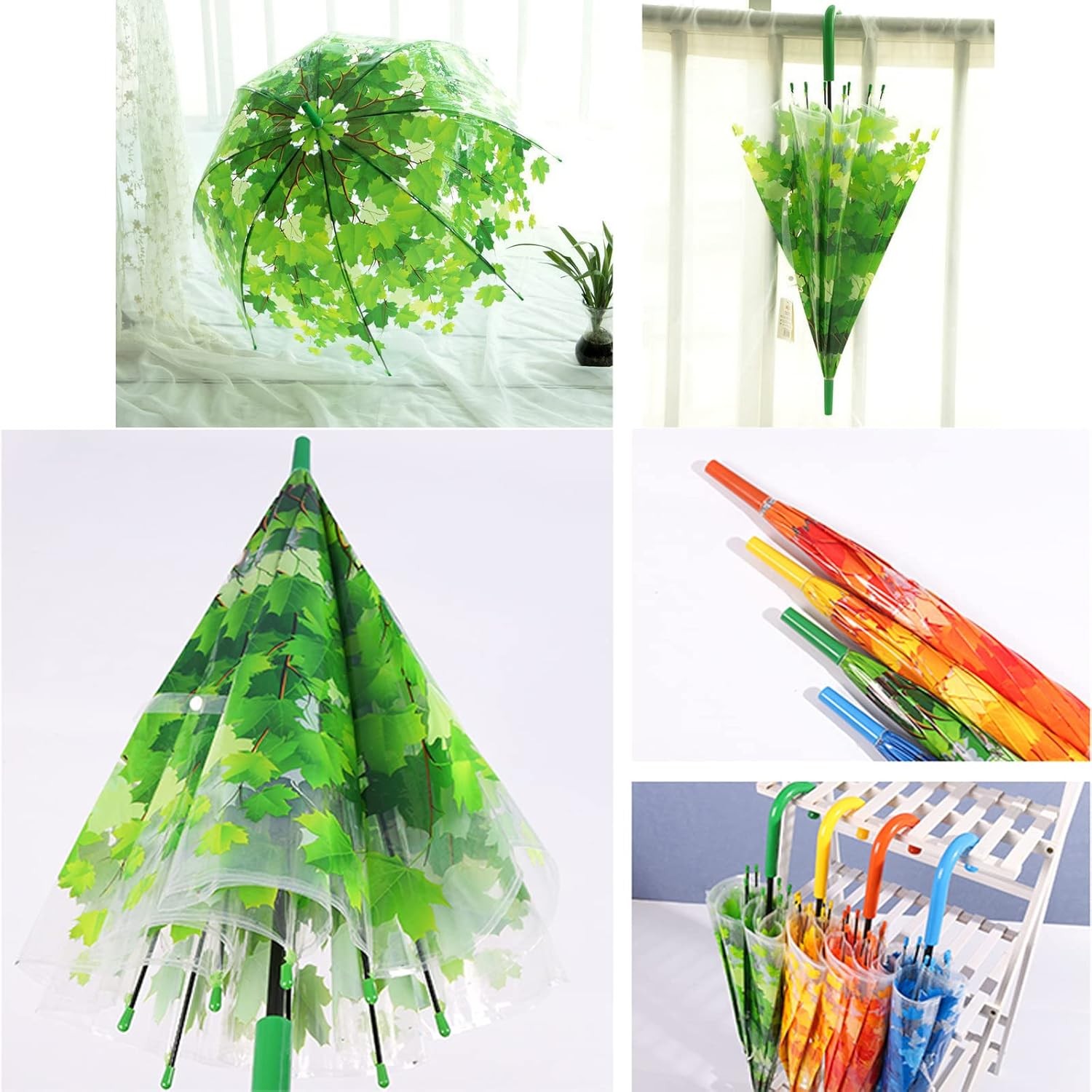 ThreeH Clear Dome Bubble Umbrella with Leaves Automatic Switch Long Handle Strai