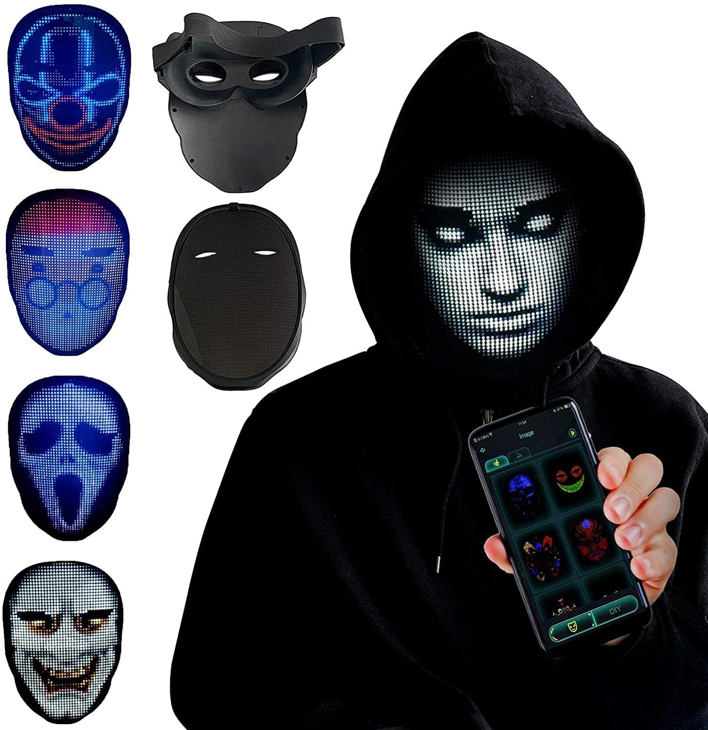 TrendyNow365 Rechargeable LED Halloween Mask with Bluetooth, One Size, Black