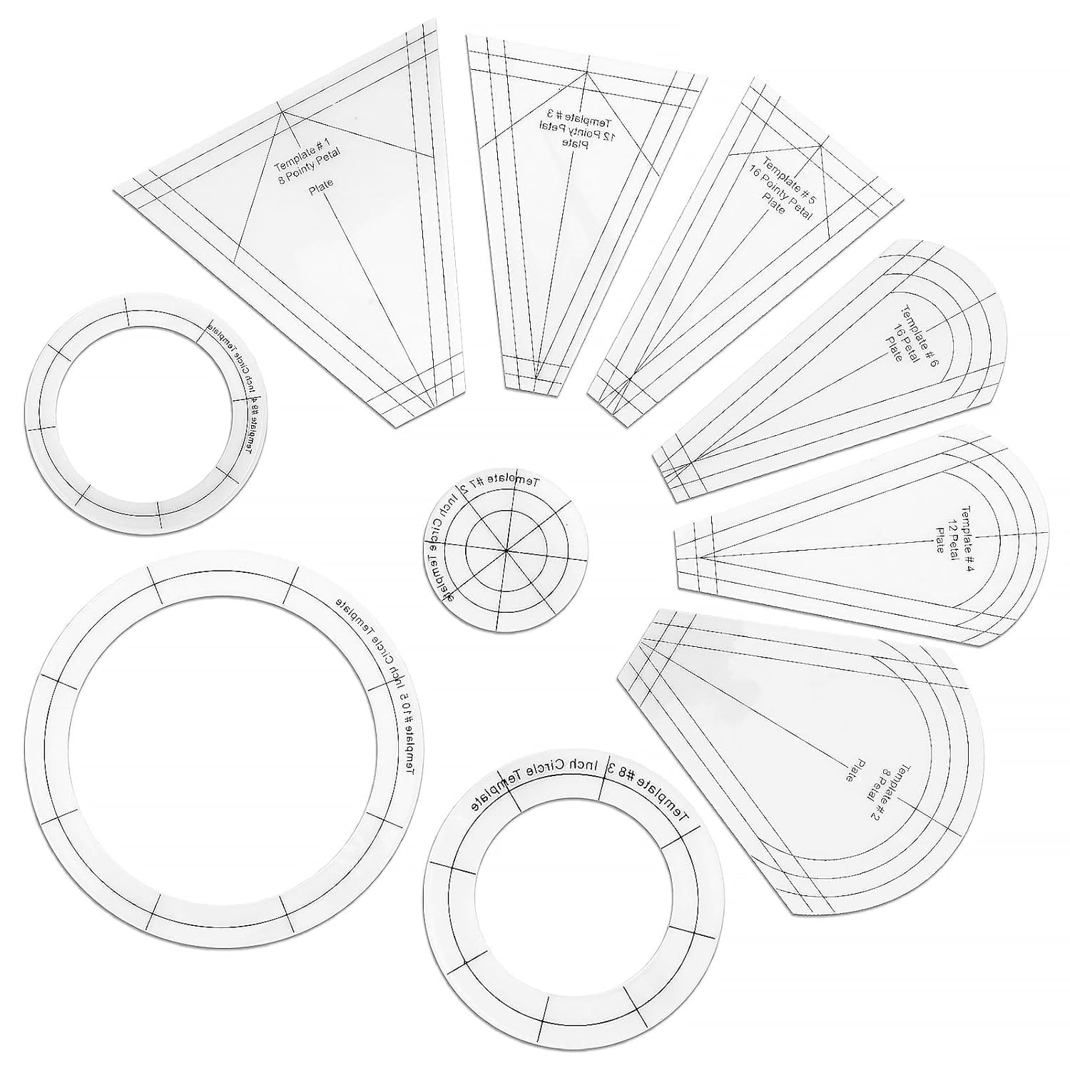 Dresden Quilt Templates Set - 10 Acrylic Rulers in Various Shapes for Quilting