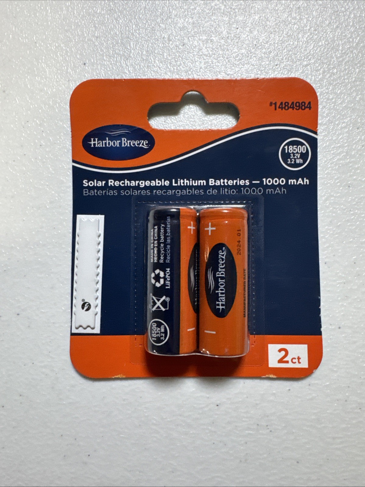 Harbor Breeze 1000mAh Solar Rechargeable 18500 3.2V Batteries 2 Pack
