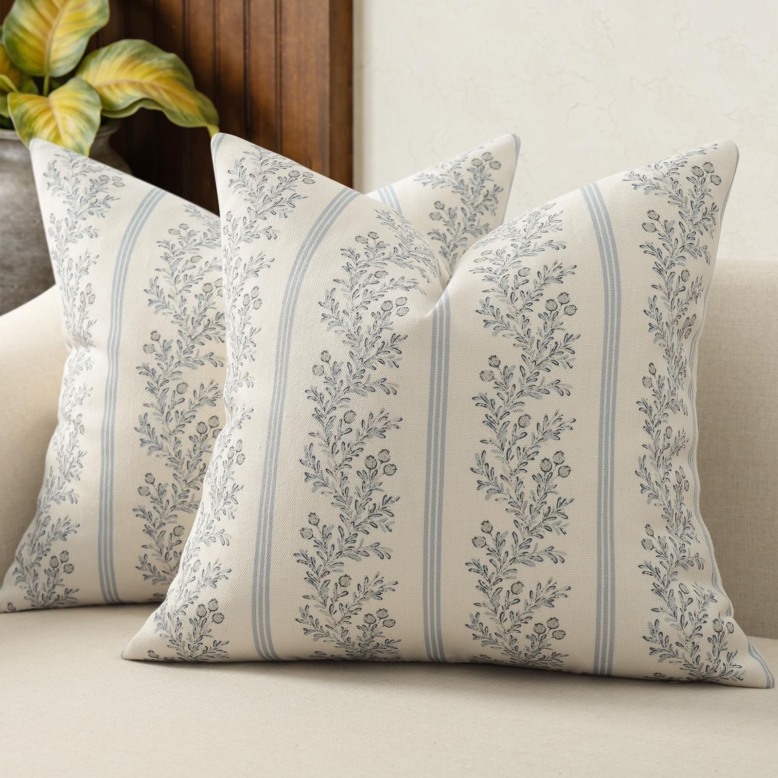 Vintage Throw Pillow Covers 18x18 Set of 2, Striped Floral Pillow Cover Botan...