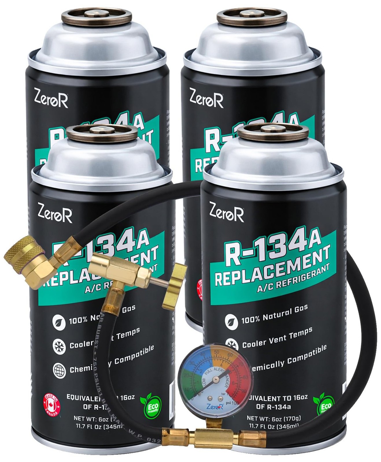 ZeroR AC Refrigerant Recharge Kit | R134a Replacement | Tool for Cans with SS...