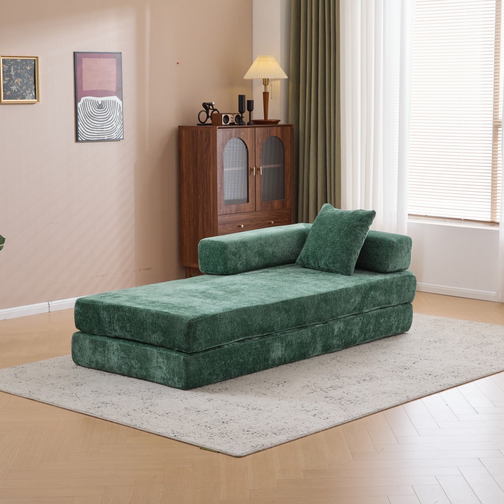 Memory Foam Foldable Sofa Bed 3-Seat Futon for Living Room, Dark Green Chenille