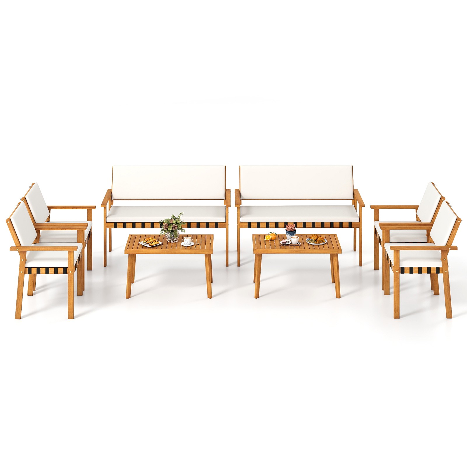 Set of 8 Wood Furniture Set w/Coffee Table Seat Back Cushions for Backyard