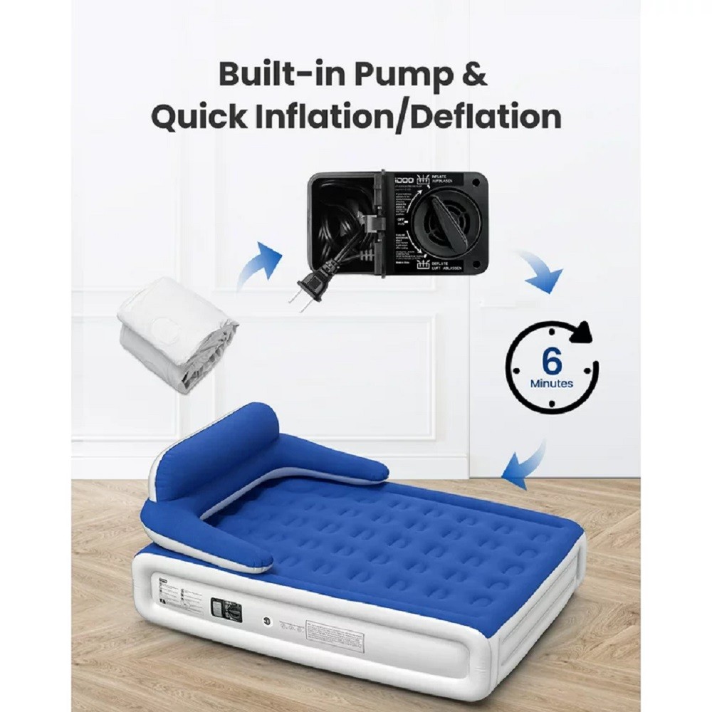 iDOO I-C-021-BU Queen Headboard Air Mattress, 18" Airbeds with Built-in Pump