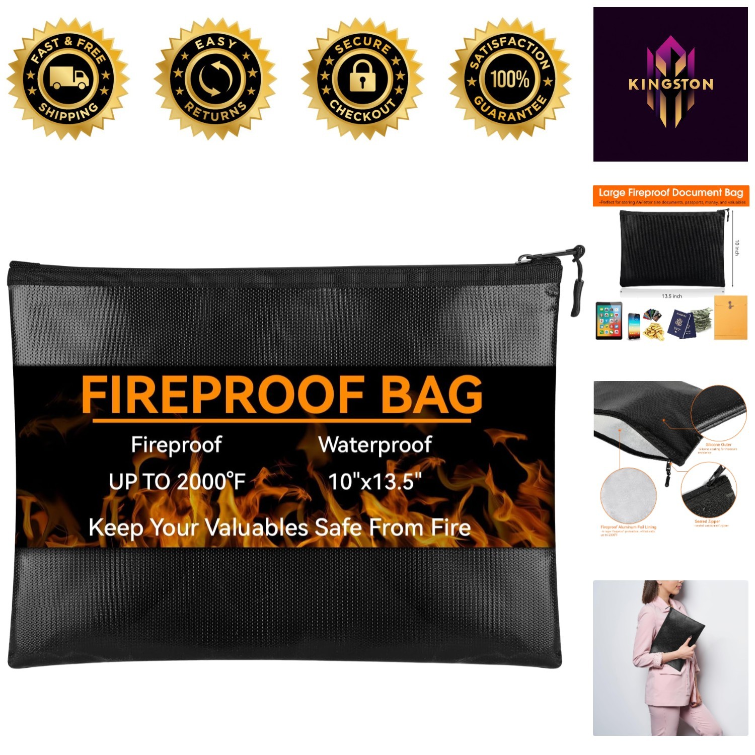Fireproof & Waterproof Document Bag 10"x13.5" - Secure Storage for Valuables
