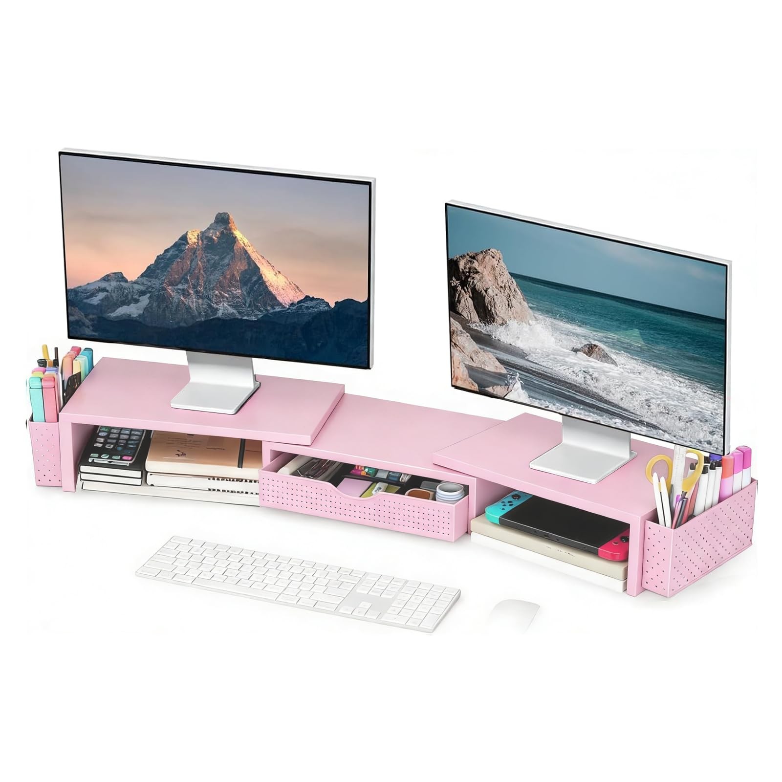 Metal Desk Organizers and , Dual Monitor Stand Riser with Drawer and 2 Pen Ho...