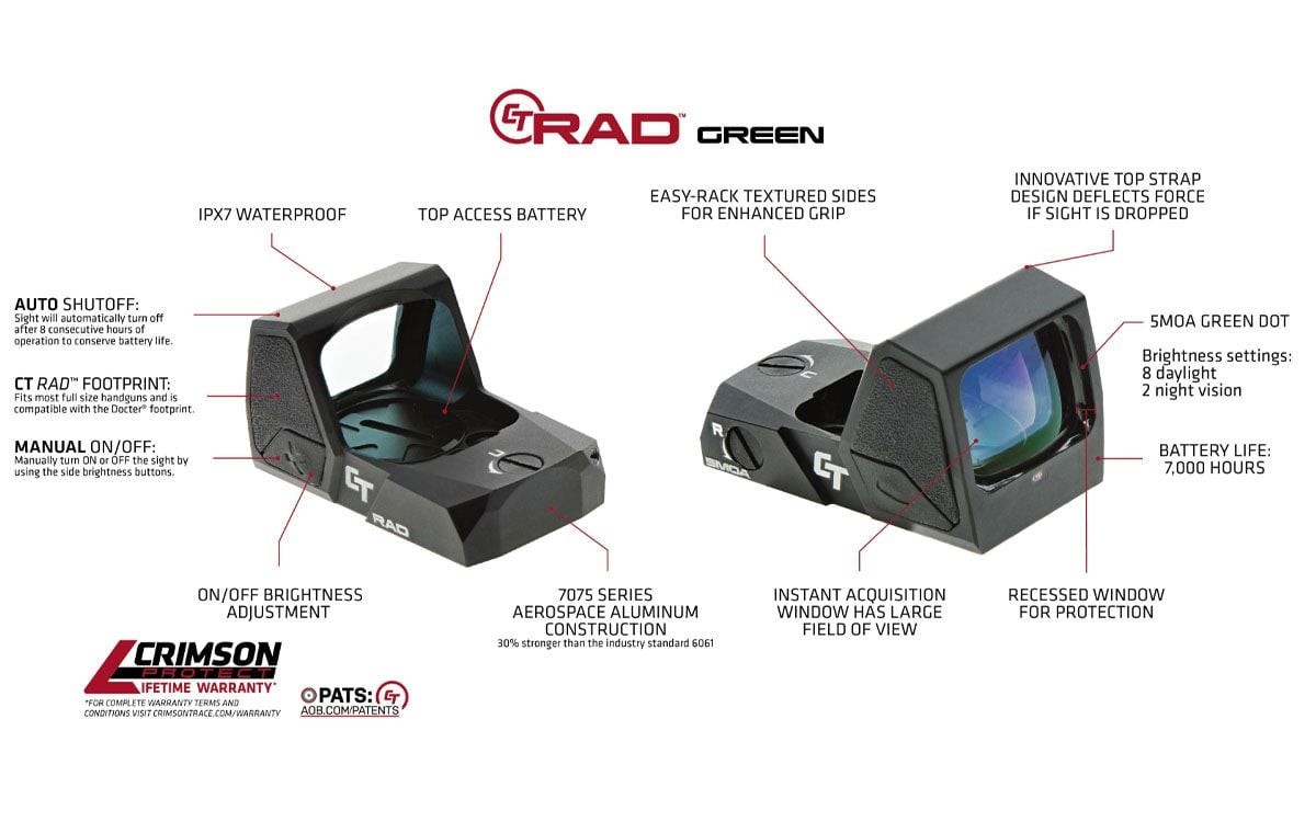 NEW Green Dot Crimson Trace RAD Open Reflex 5 MOA Pistol Sight with Auto Shutoff
