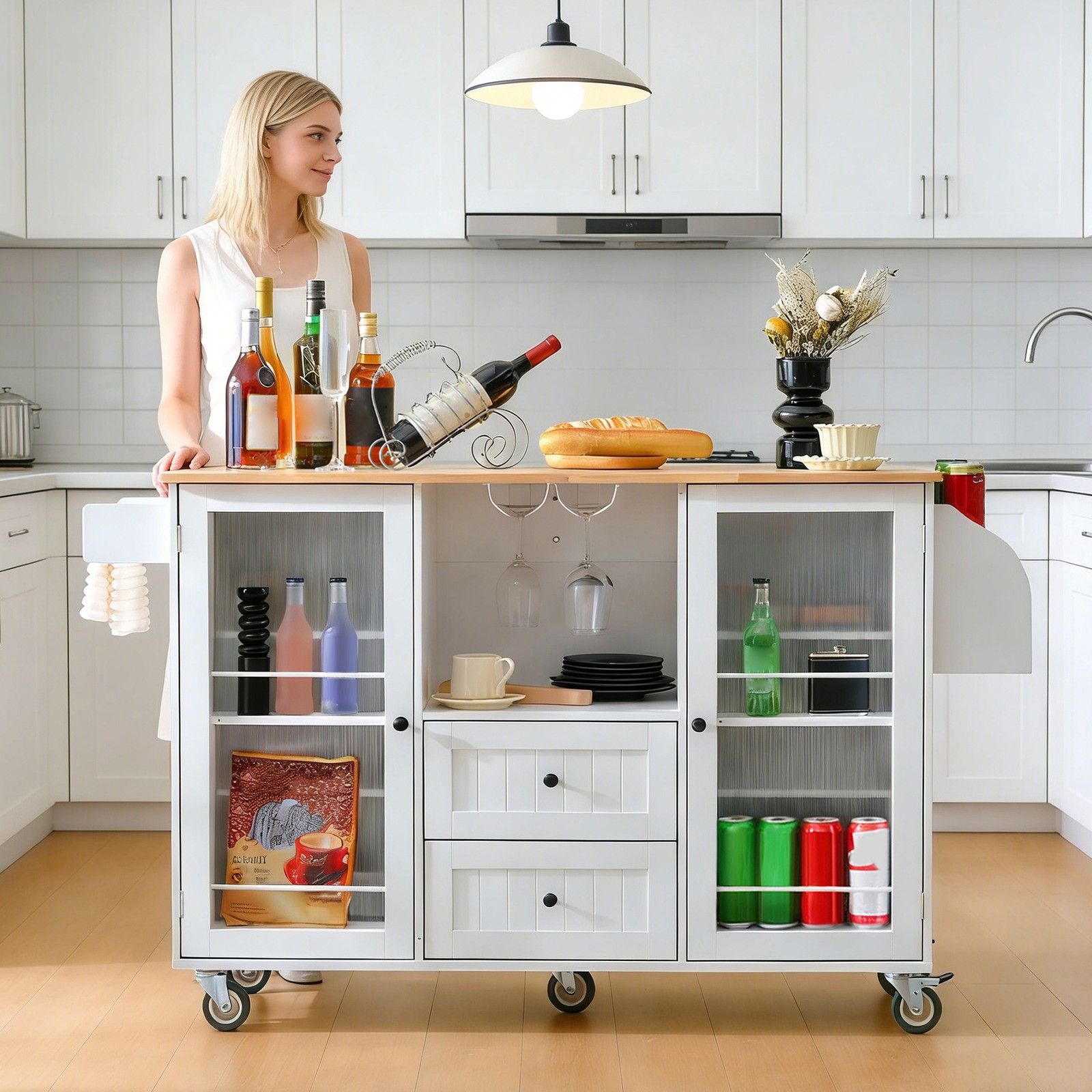 Kitchen Island Cart Rolling On Wheels with 13 Storage Areas Drop Leaf Bar