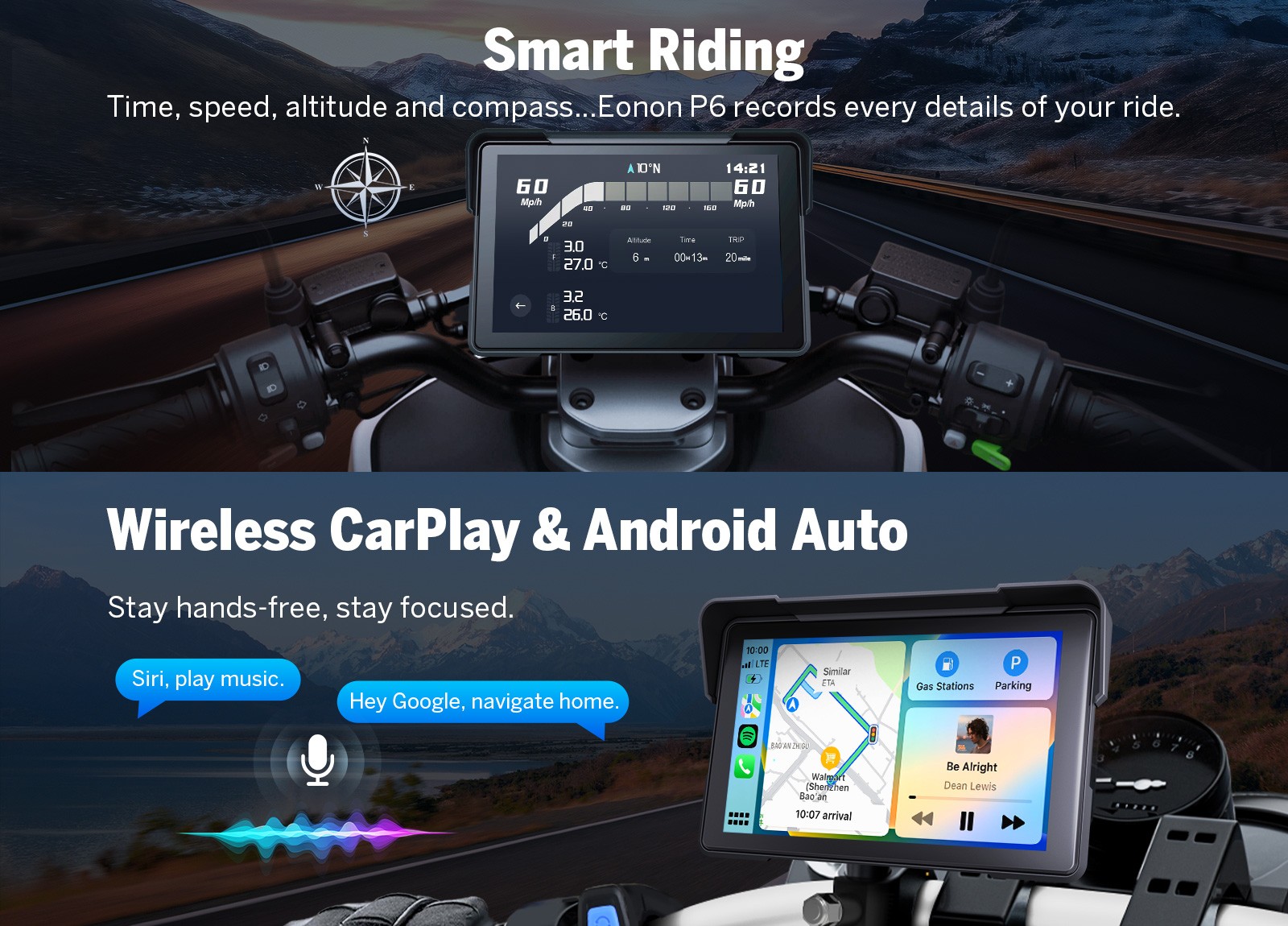 Eonon 7Inch Motorcycle Stereo Bluetooth Wireless Apple CarPlay Android Auto TPMS