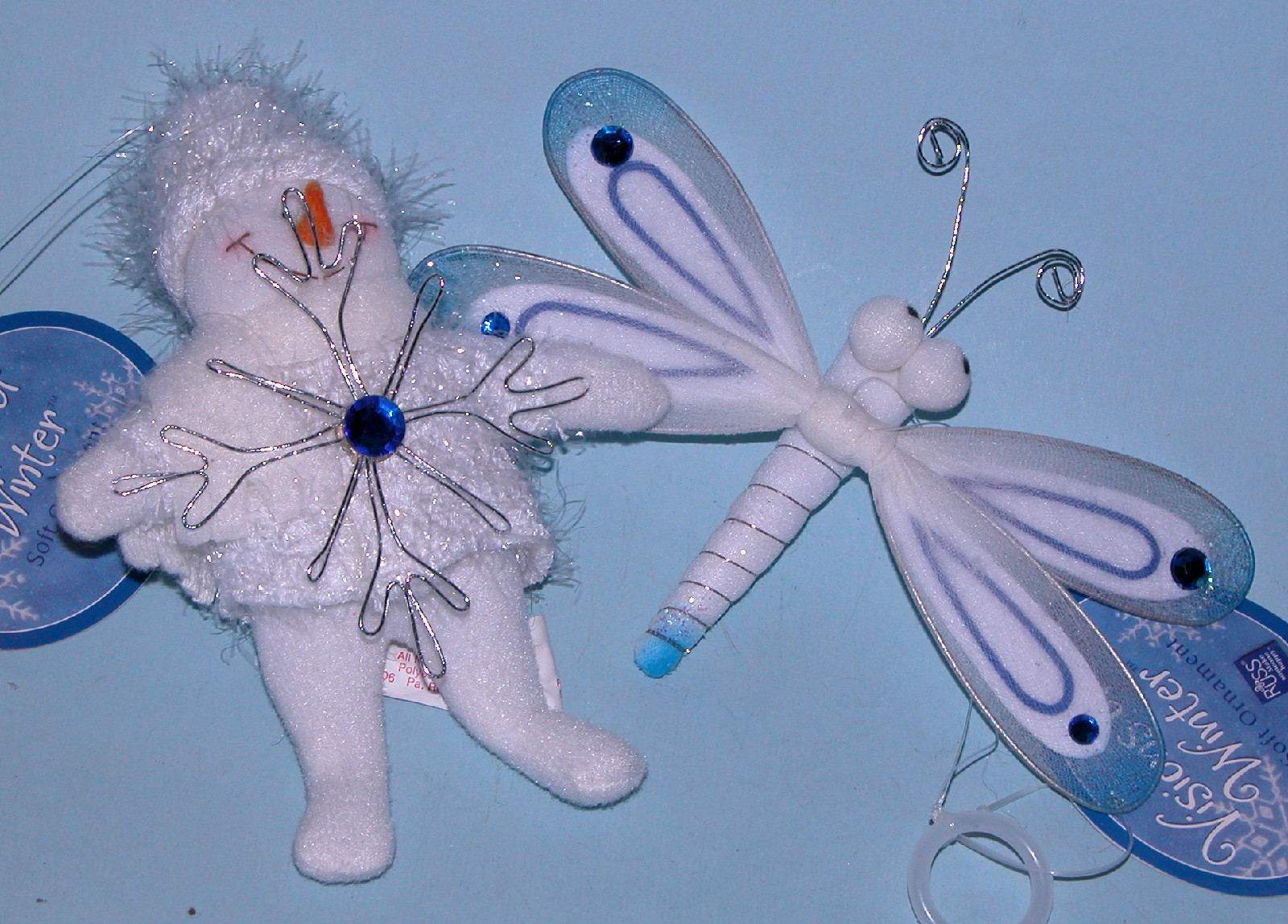 Russ Berrie soft ornament Visions of Winter, Snowman & dragonfly Christmas set