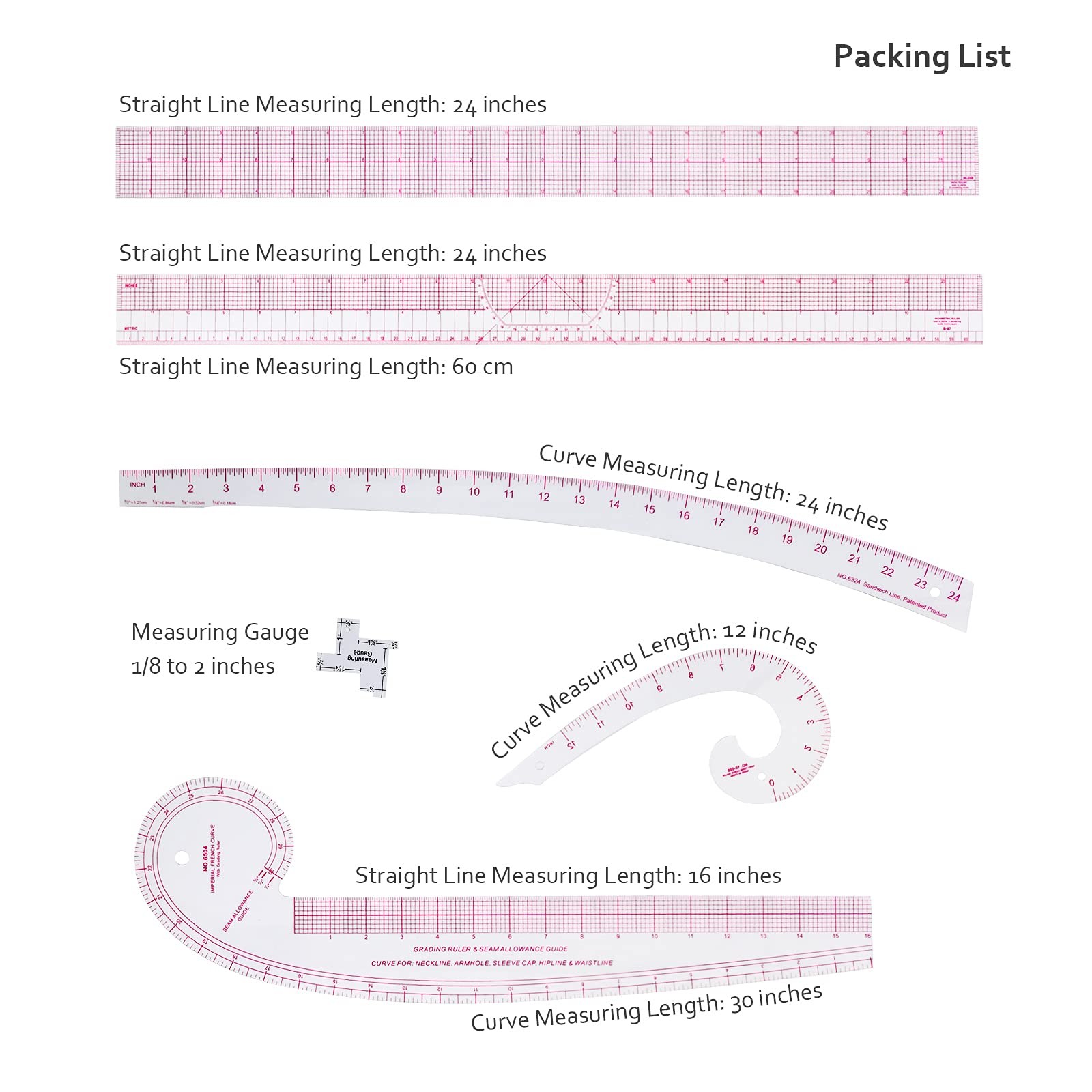 Imperial Sewing Ruler & French Curves for Pattern Making Drafting, Clear Plas...