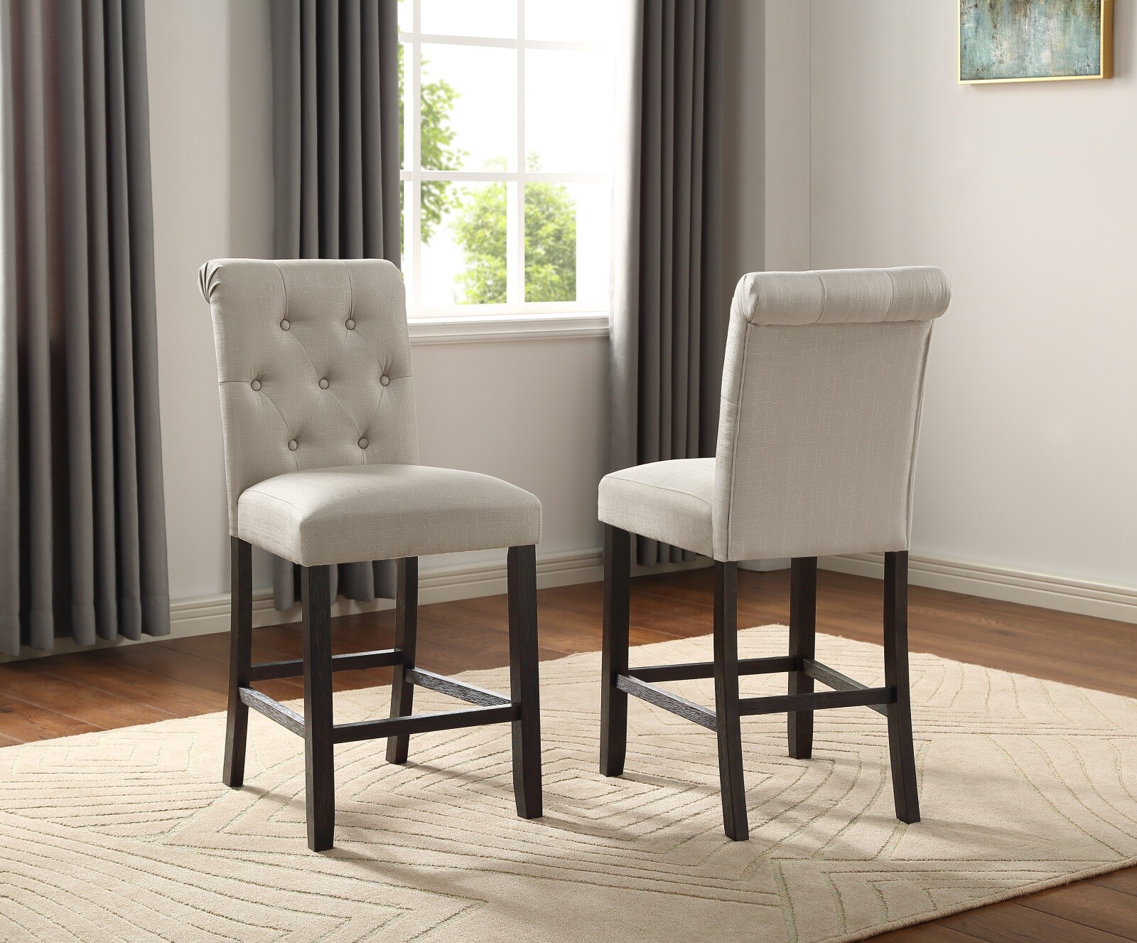 2pcs Solid Wood Tufted Counter Height Stool Chair w/Padded&Button Tufted Tan