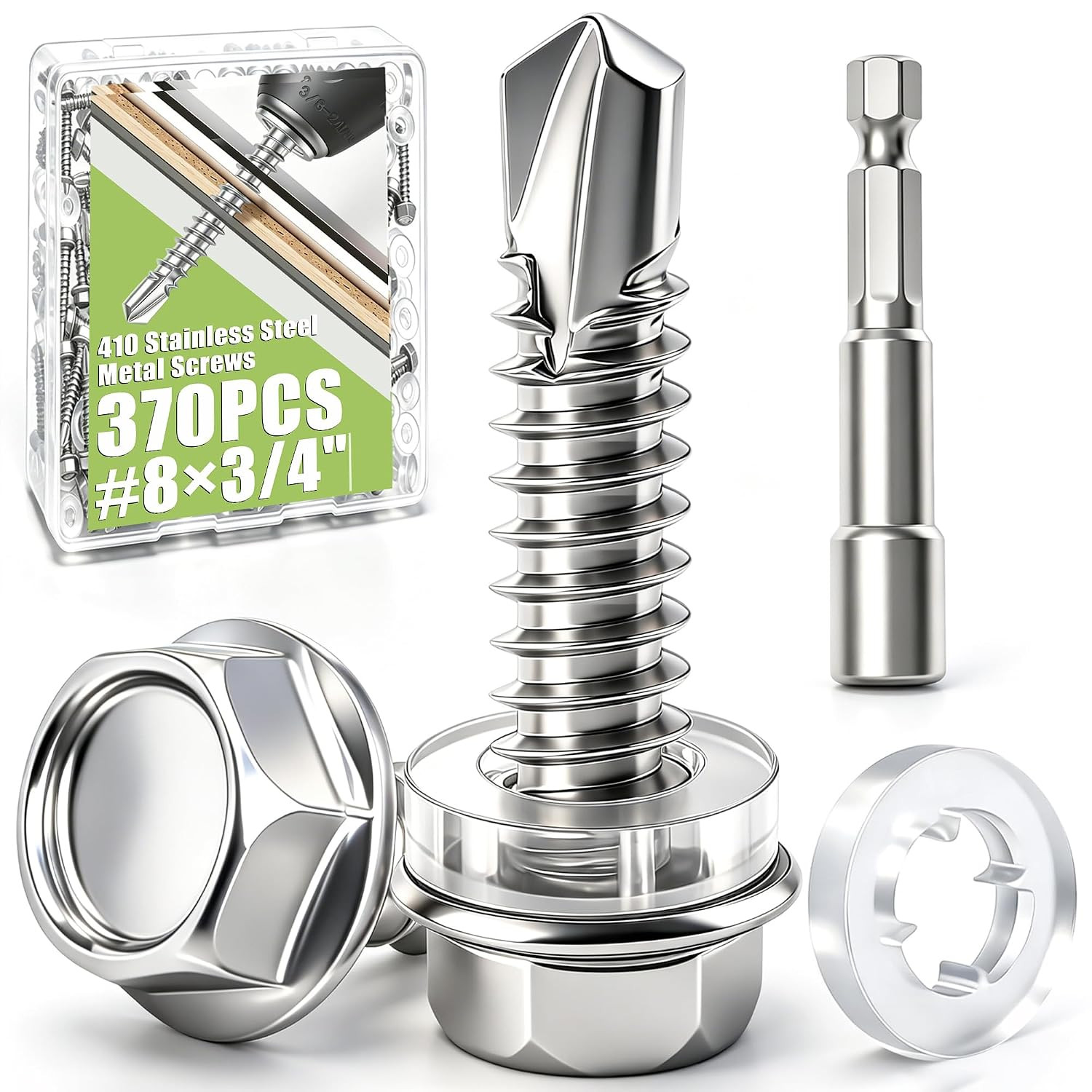 370PCS #8×3/4" Self Tapping Screws,410 Stainless Steel Self Drilling Screws,Hex