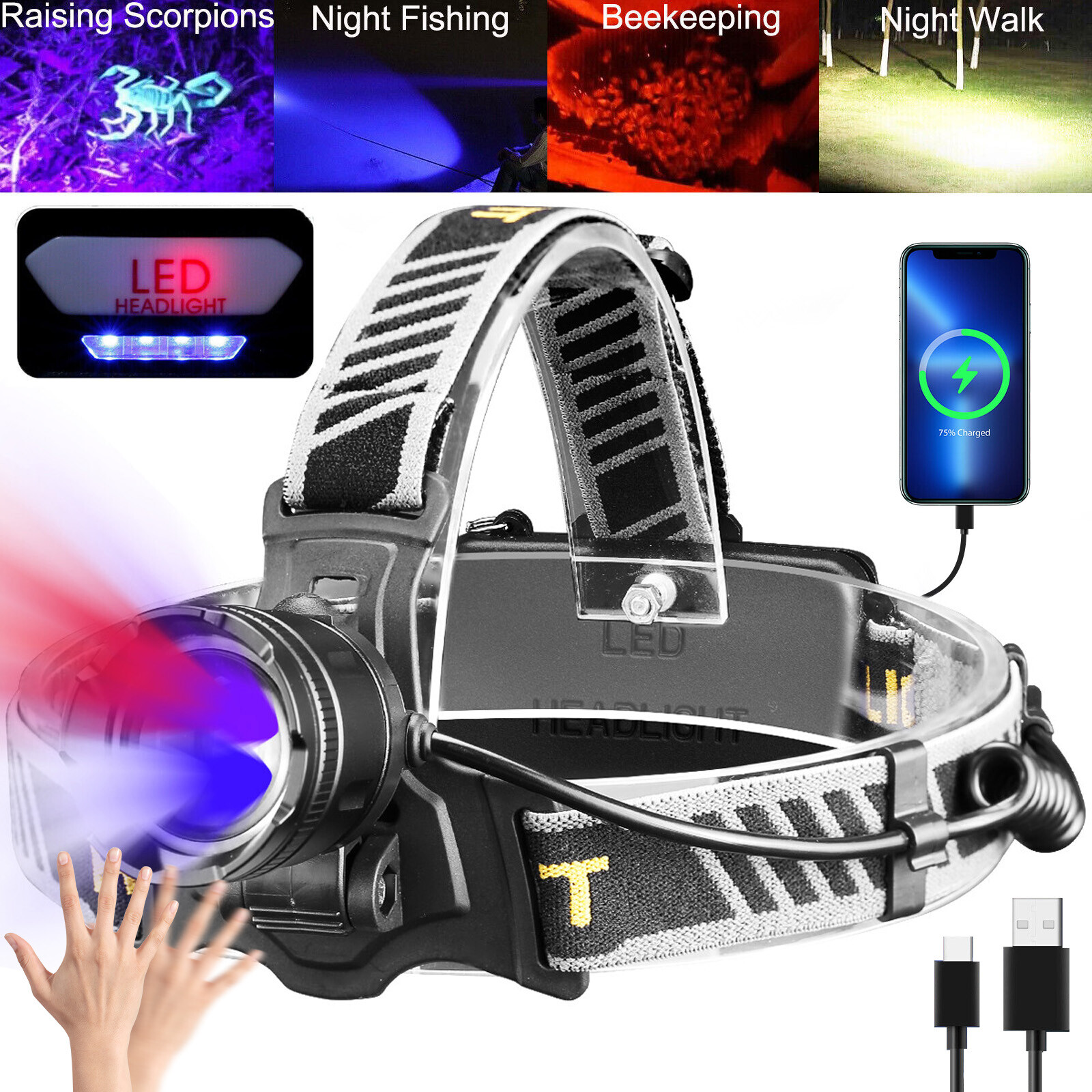 Powerful USB Rechargeable LED Headlamp Motion Sensor White/Blue/Purple/Red Light