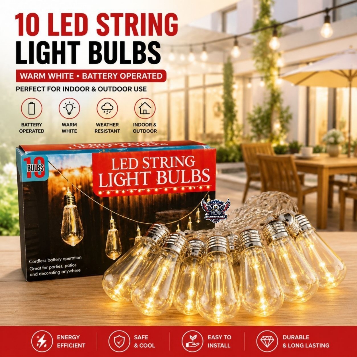 10 LED String Light Bulbs Battery Operated Warm White Patio Party Indoor Outdoor