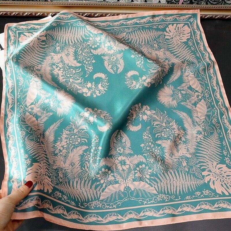 100% Silk Scarf Women Vintage Green Flower Kerchief Square Bandana Wrap 68*68cm