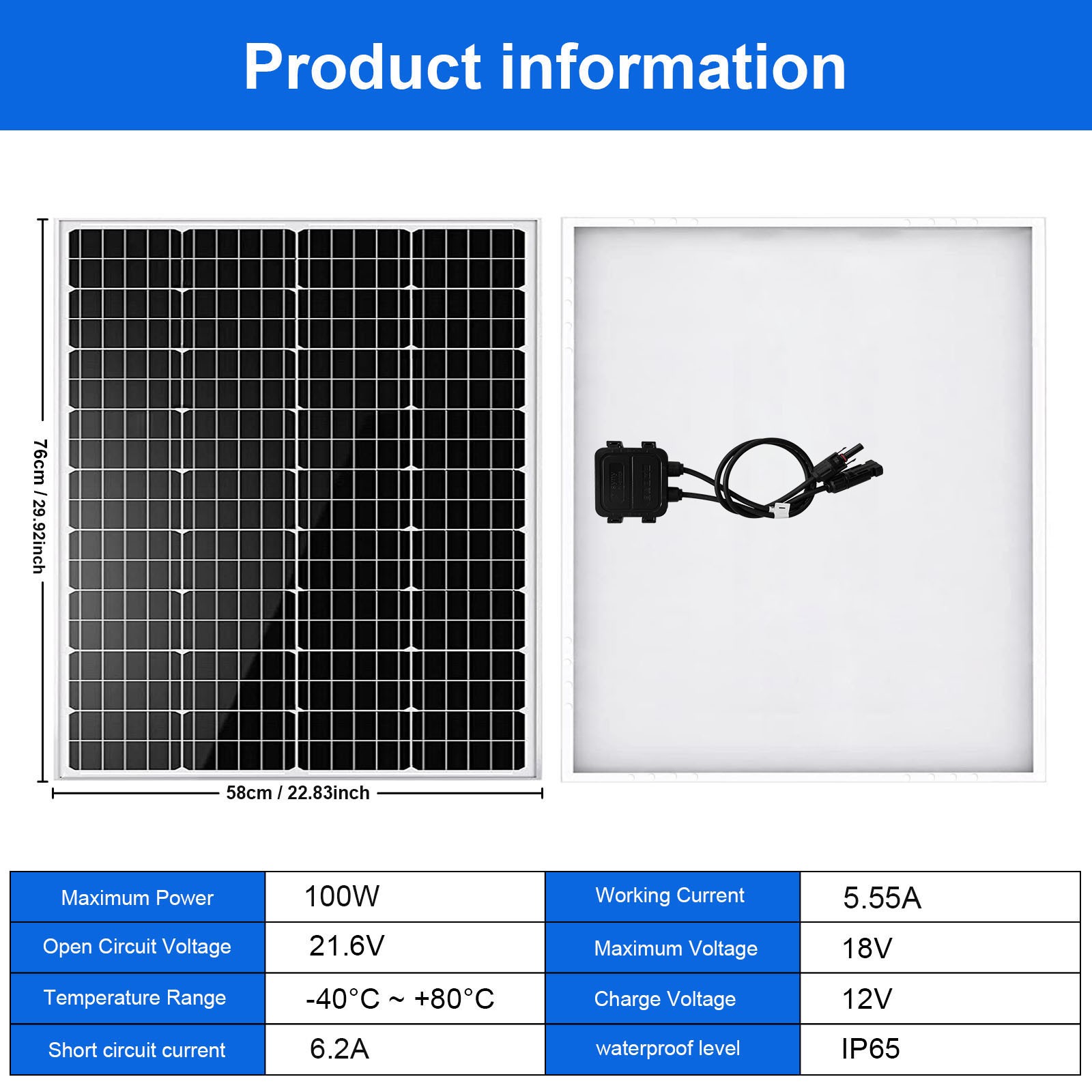 100 Watts Solar Panel 12 Volt Monocrystalline Solar Module for RV Marine Camping
