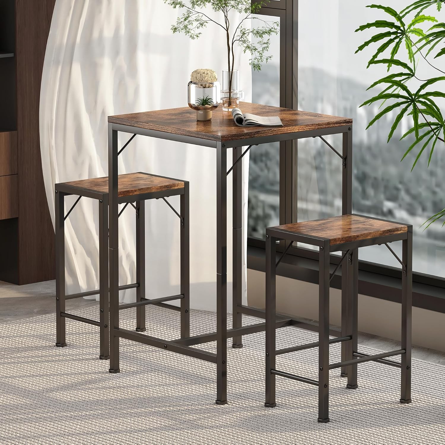 Bar Table & Chairs Set Square Bar Table W/ 2 Stools Space-Saving Dining Pub Set