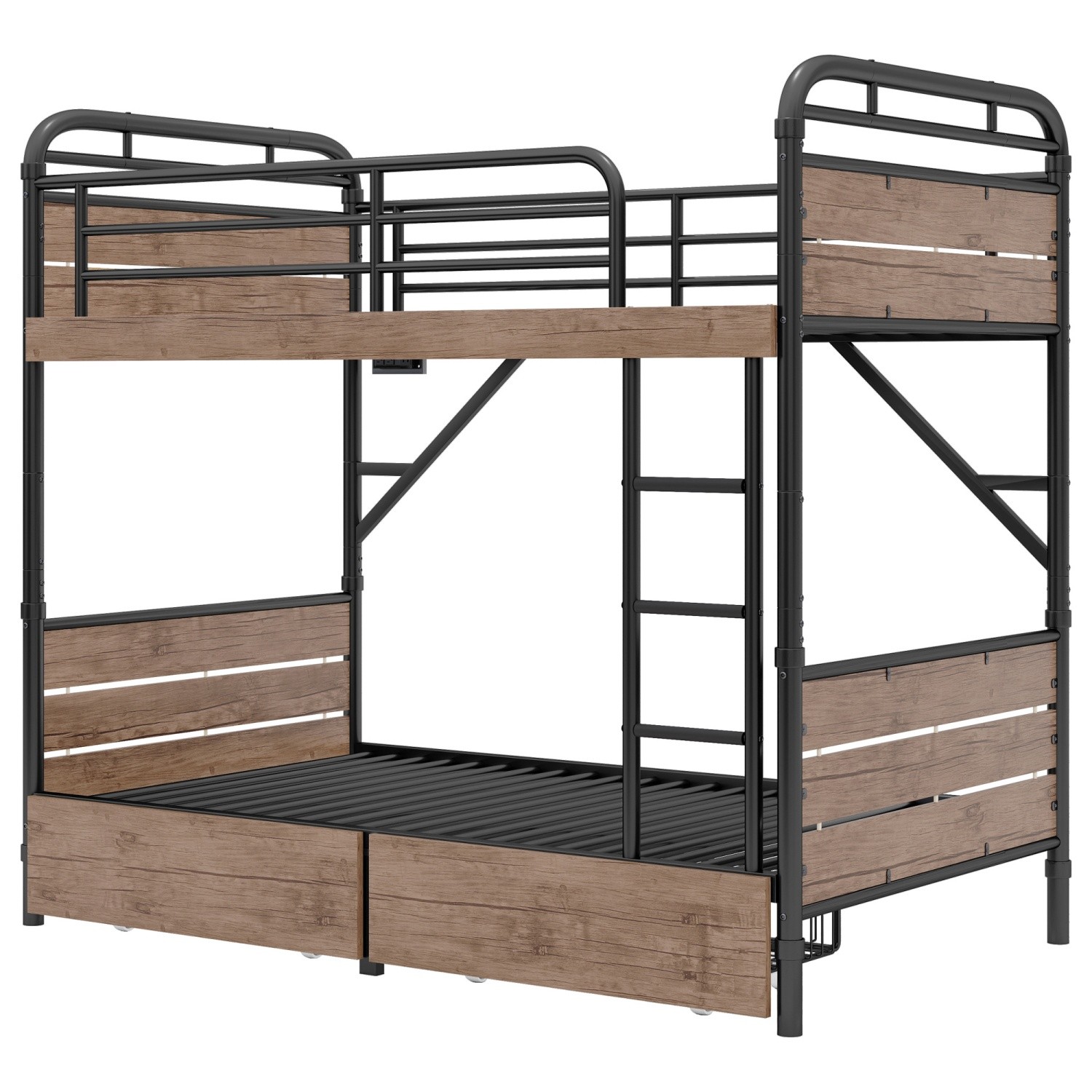 Twin XL Over Twin XL Metal Bunk Bed Converts to 2 Beds w/ 2 Drawers & LED Light