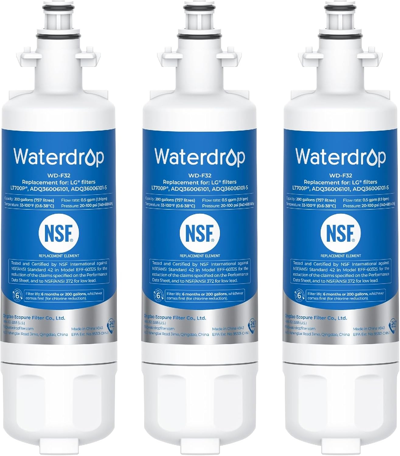 Waterdrop Refrigerator Water Filter, Replacement for LG® LT700P®, Pack of 3