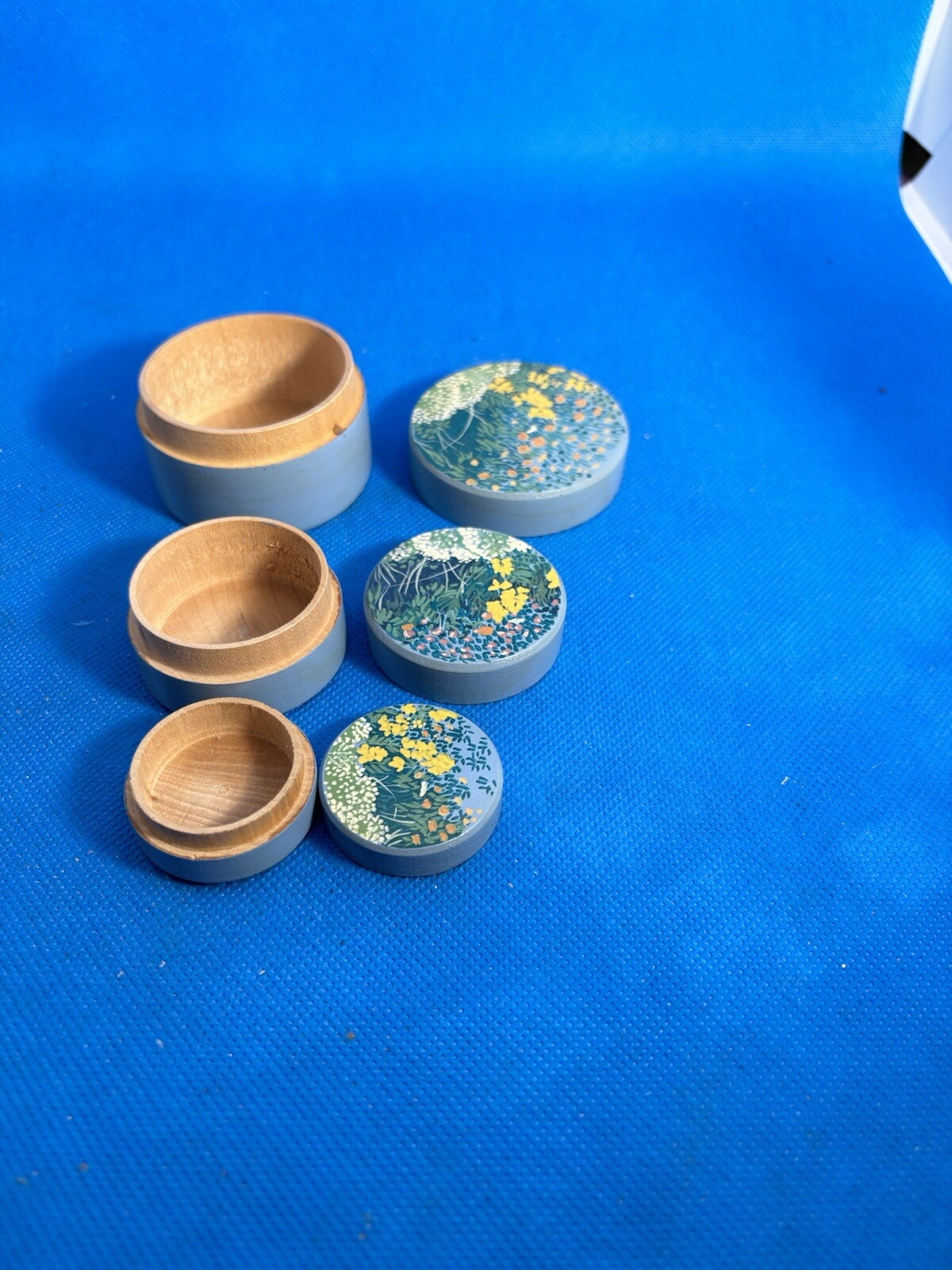 Nesting Trinket Boxes Blue Wood Floral 3 Boxes Small 2 1/2”