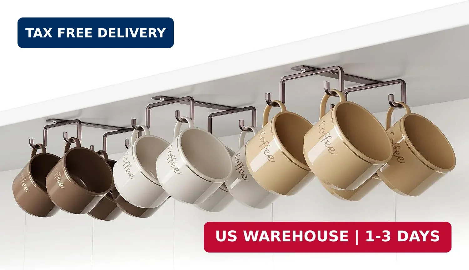 Coffee Cup Holder Under Cabinet, Easy Screw Mounting, 3 Pack Mug Hooks with Wide