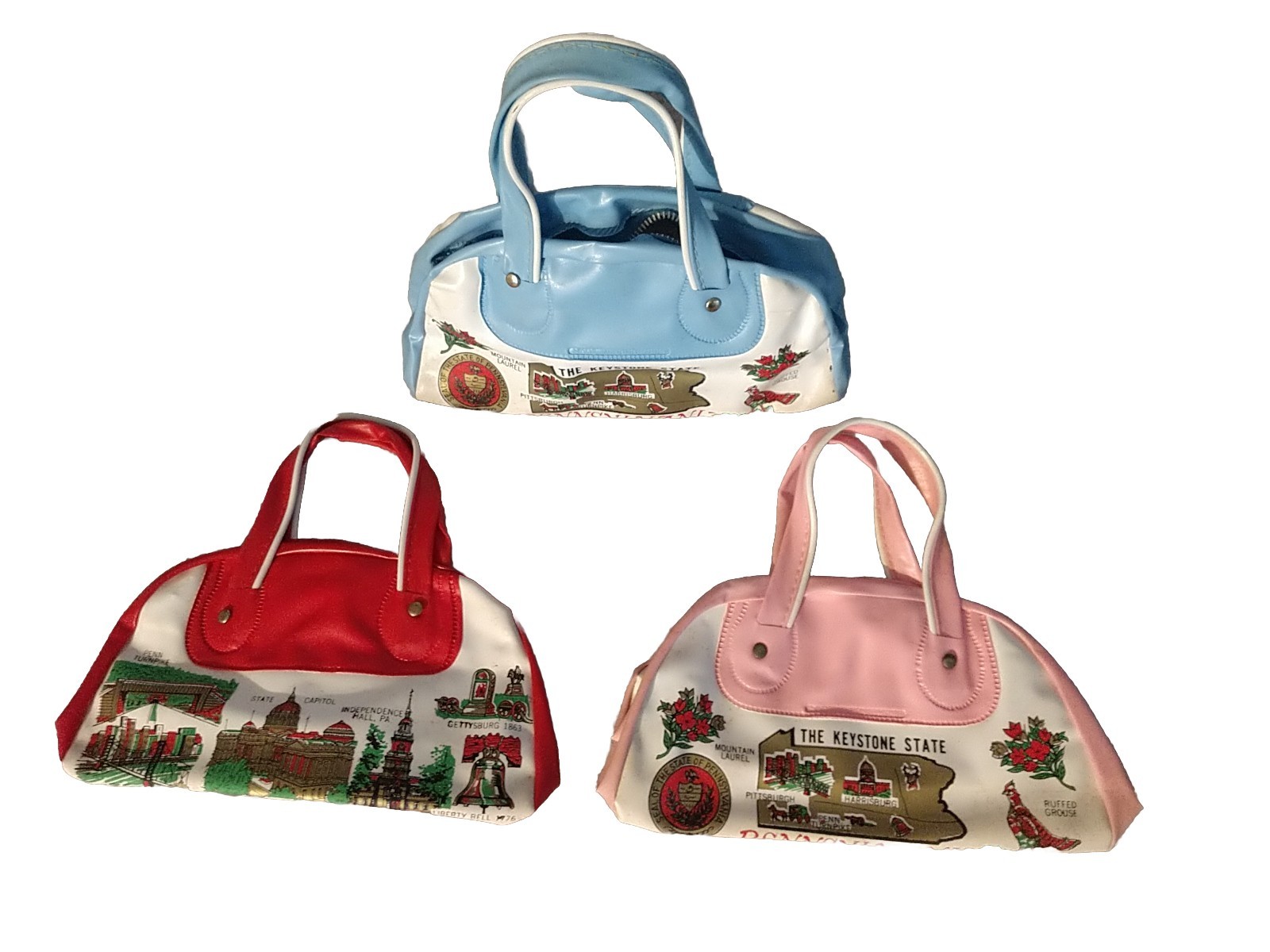Lot Of (3) Vintage PENNSYLVANIA  Souvenir Bags 7" Cosmetic Child's Purse NOS