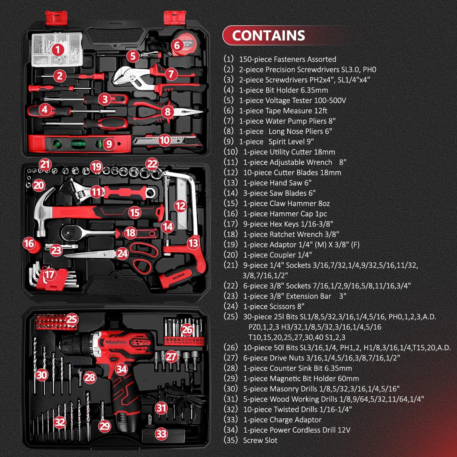 Kingtool 276-Piece Tool Set Kit - Tool Kit with 12V Cordless Power Drill Driver