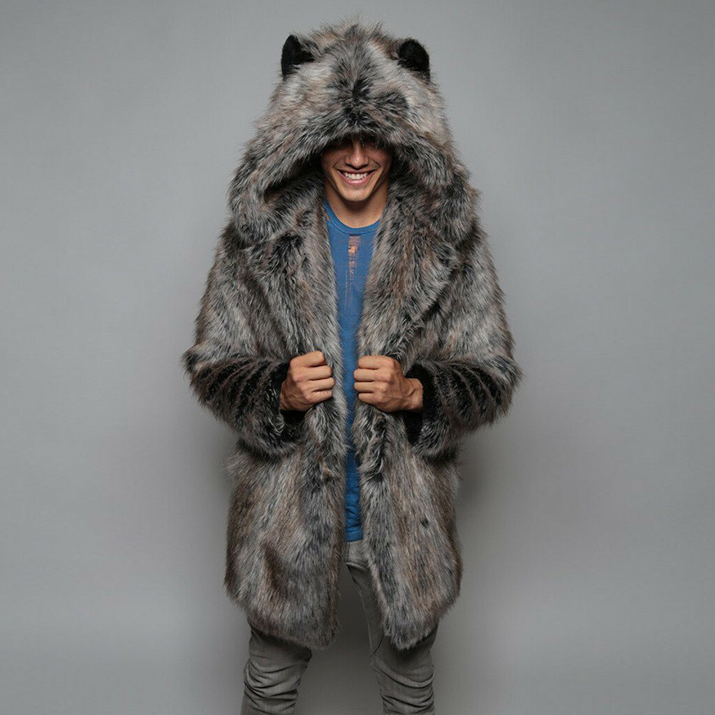 Men Winter Warm Faux Mink Fur Gray Hooded Fashion Parka Jacket Furry Lined Coat