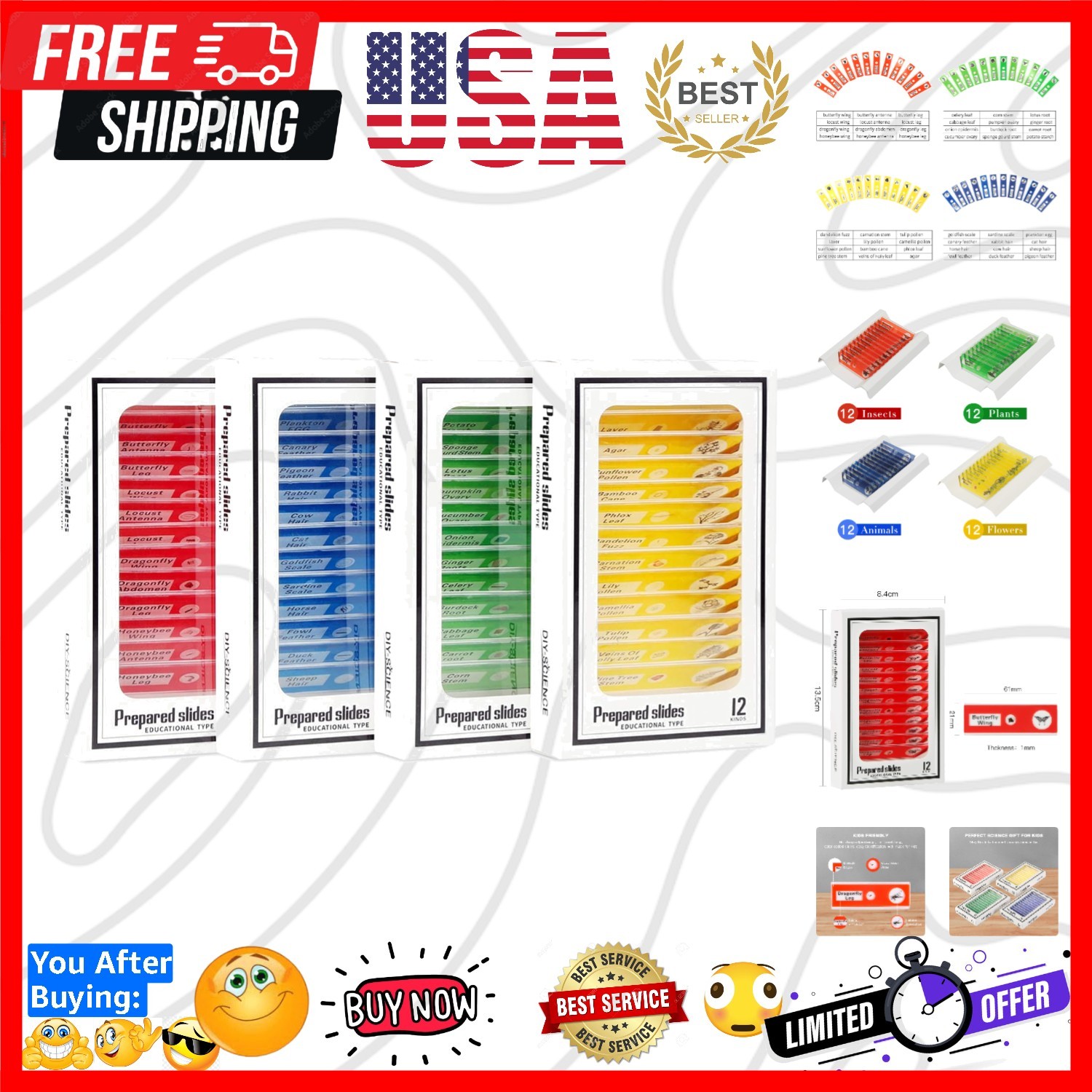 48 Prepared Microscope Slides Set of Animals Insects Plants Flowers, Biologic...