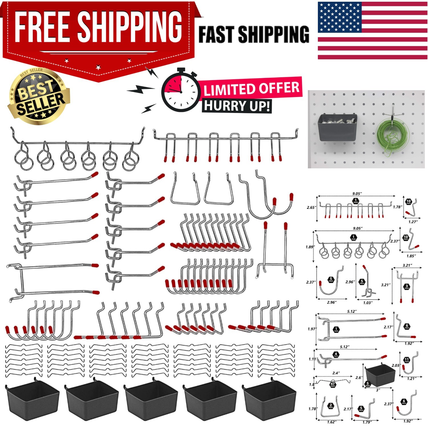 114 pcs Pegboard Hooks Assortment with Metal Hooks Sets, Pegboard Bins, Peg L...