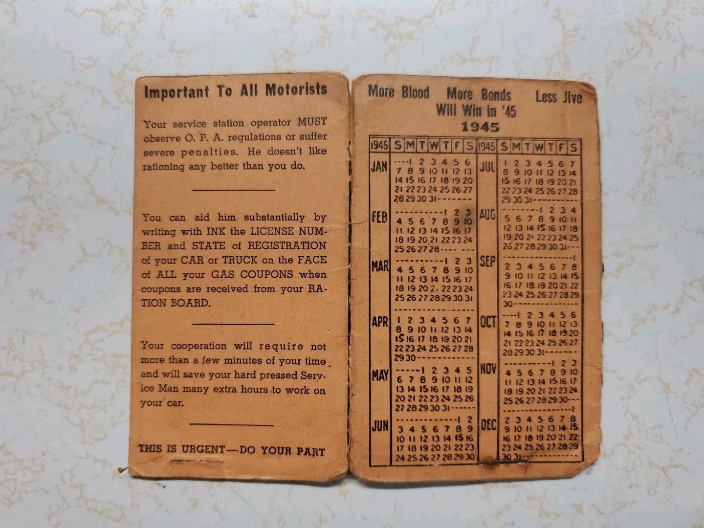 Vintage 1944 More Blood More Bonds Less Jive Gas Ration Calendar Folder Packet