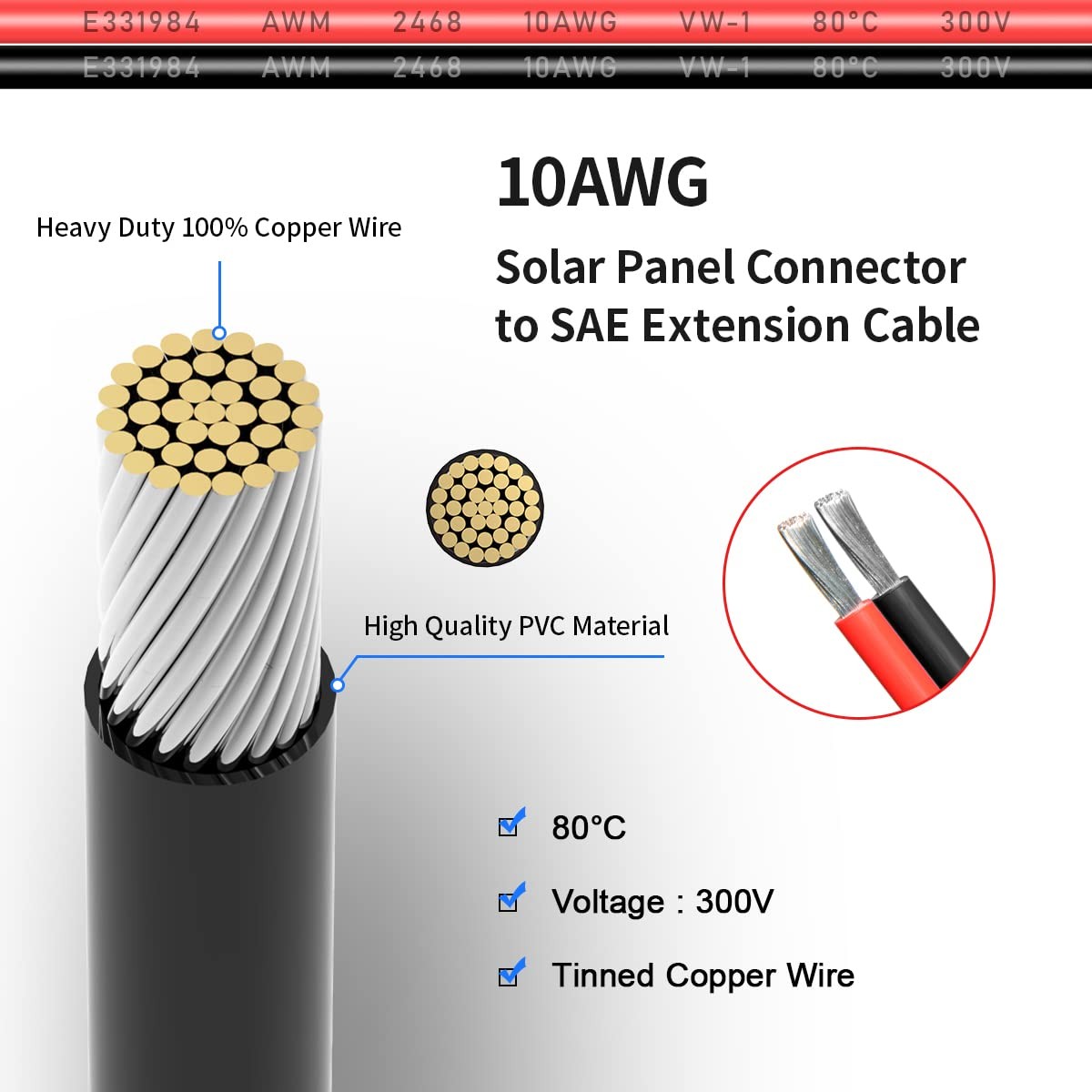 ELFCULB 10AWG 50FT SAE Solar Panel Extension Cable with Polarity Reverse Adapter