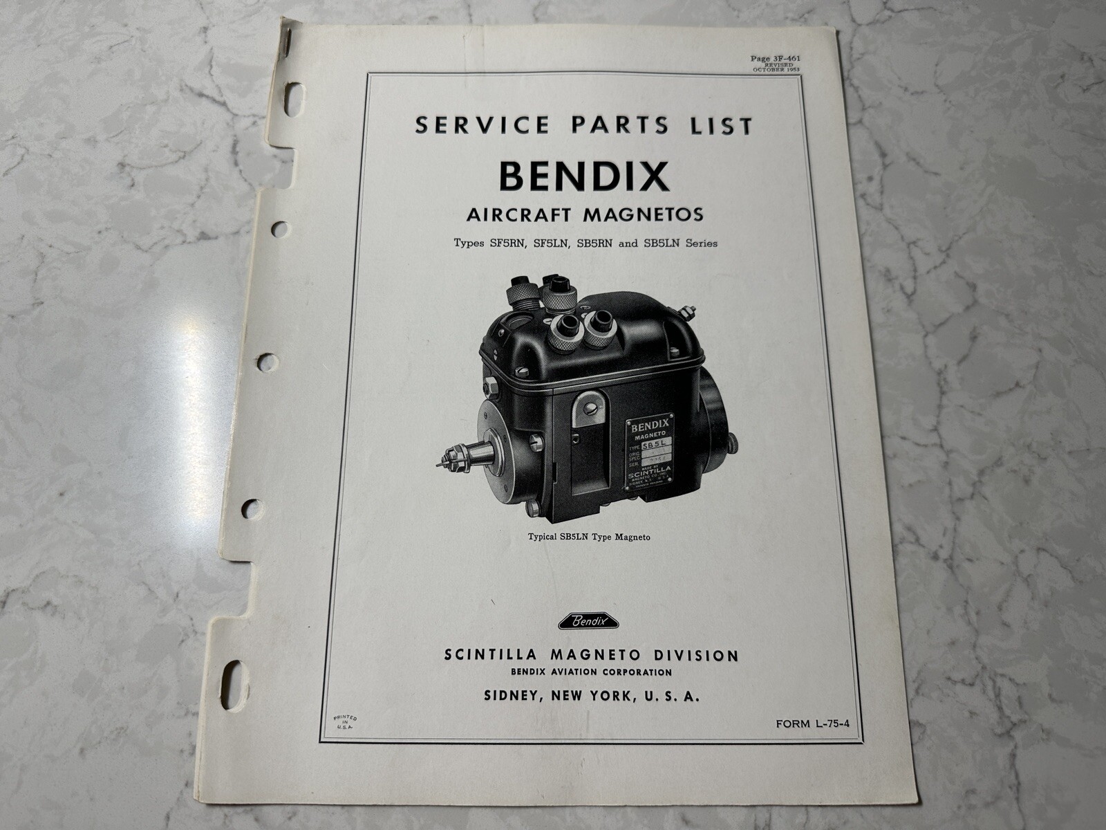 Bendix Magnetos Types SF5RN, SF5LN, SB5RN, and SB5LN Series Service Parts List