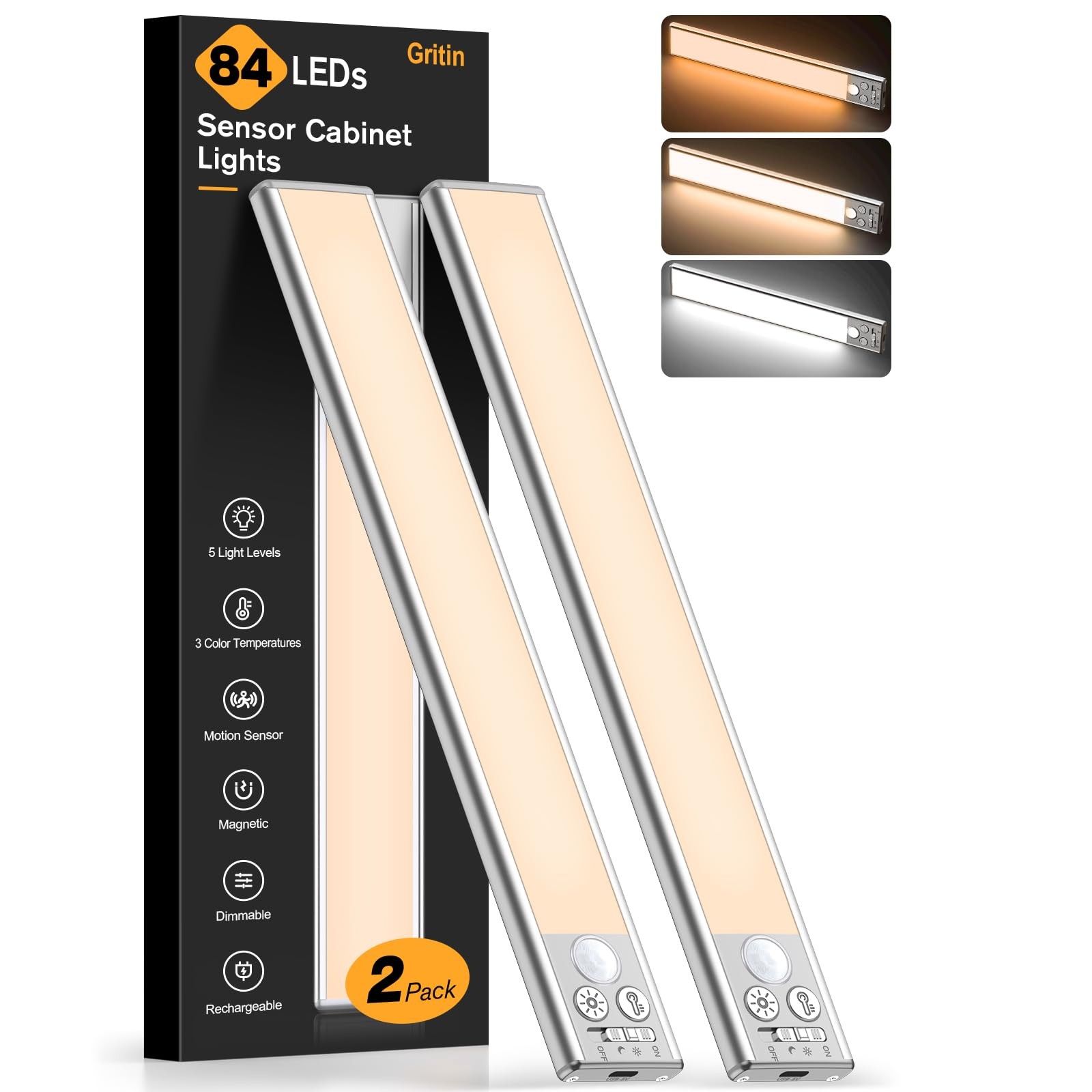 10.2inch Under Cabinet Lighting Rechargeable 2 Pack- 3 Color Temps&5 Level Br...