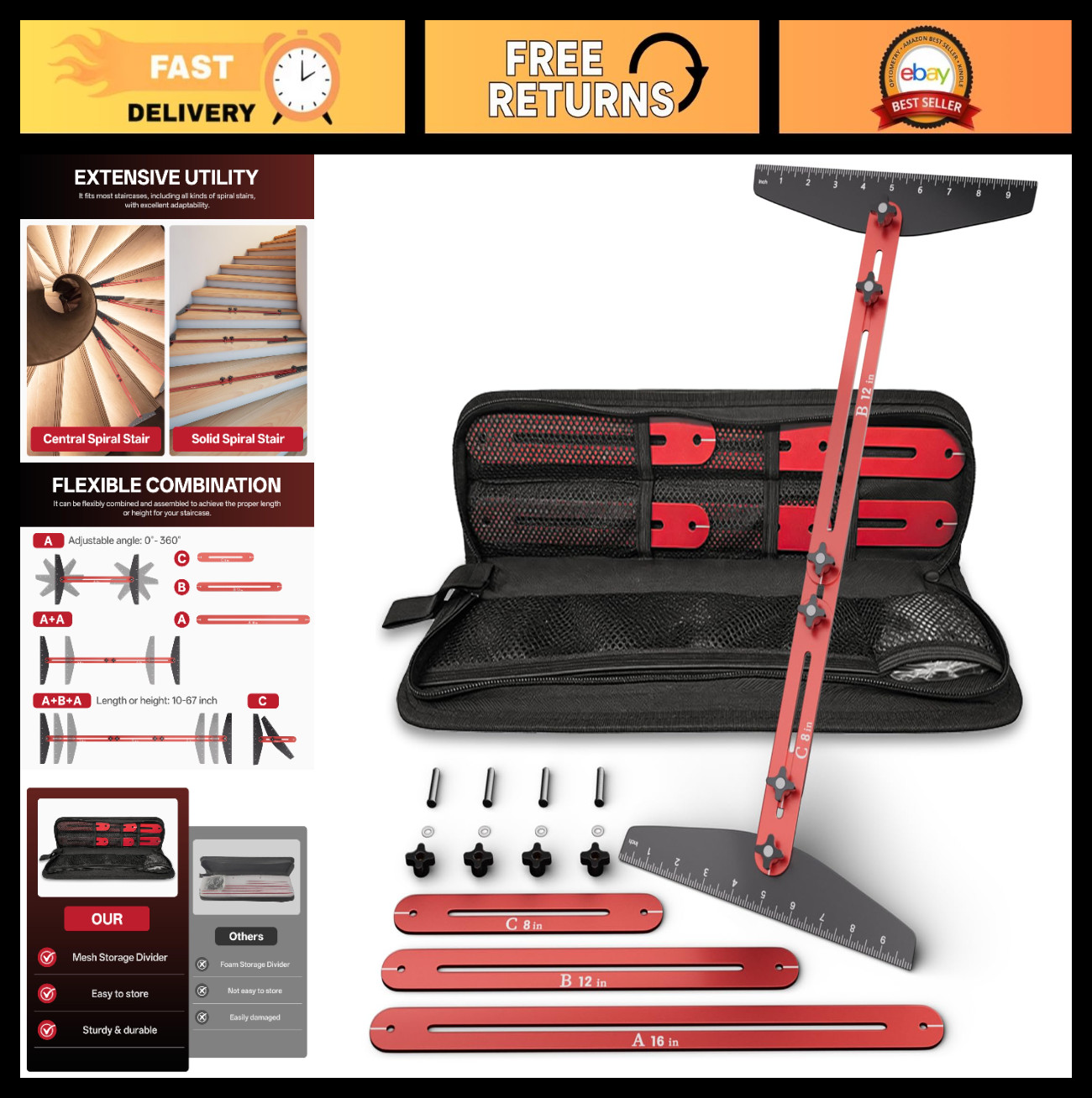 Adjustable Stair Tread Gauge Template Tool, 10-67" Aluminum Measuring Jig & Bag