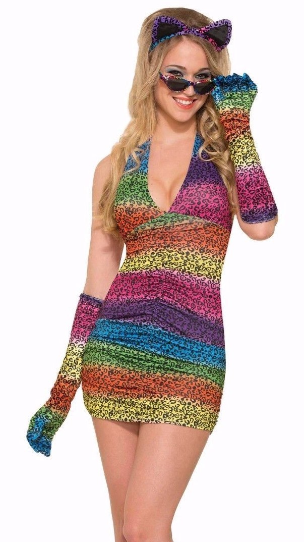 Womens Neon Leopard Dress Sexy Halter Rainbow Cheetah Fancy Costume Adult NEW