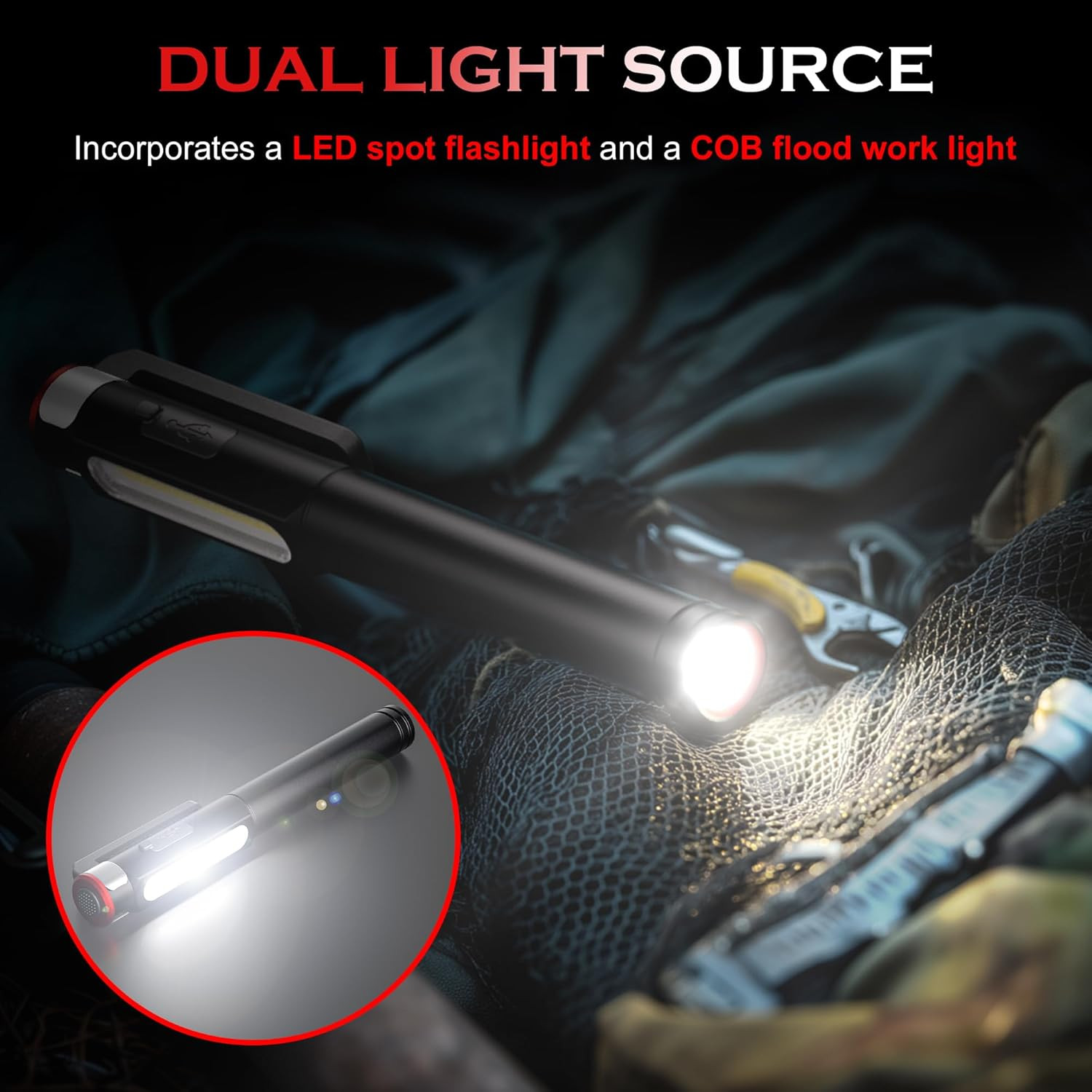 Pen Light Flashlight, 800 Lumens LED Pen Flashlights Rechargeable 6 Modes COB Ma