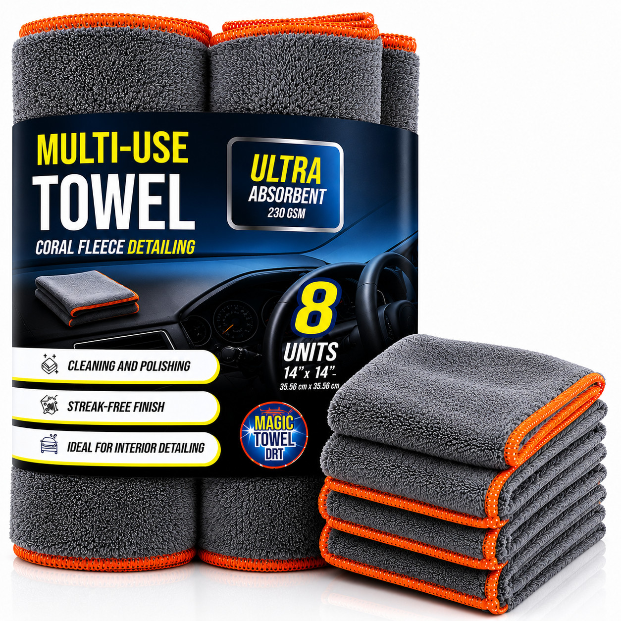 8-Pack Microfiber Car Detailing Towels 14x14 230 GSM Coral Fleece Lint-Free