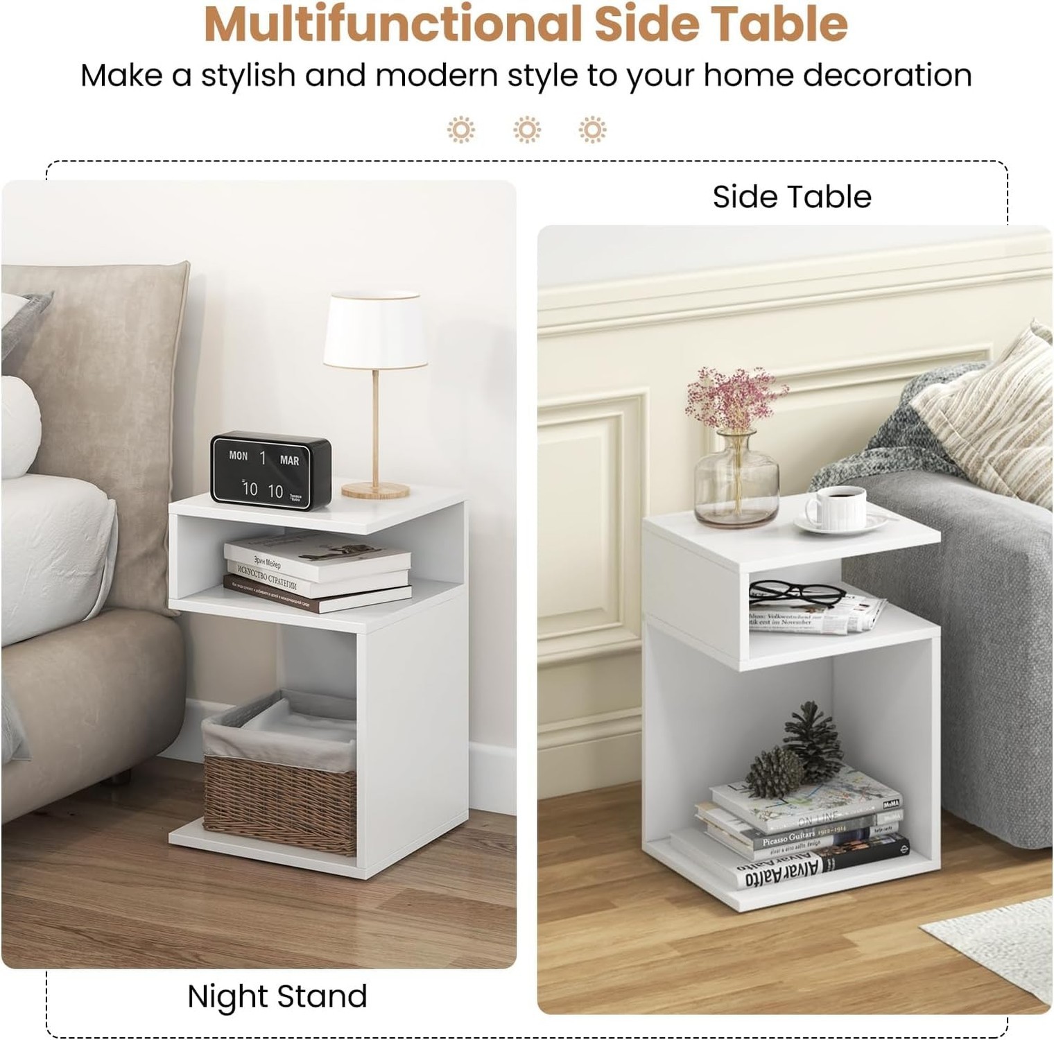 HOMGX S-Shaped End Table, 3-Tier Side Table w/ 2 Open Storage Compartments & ...