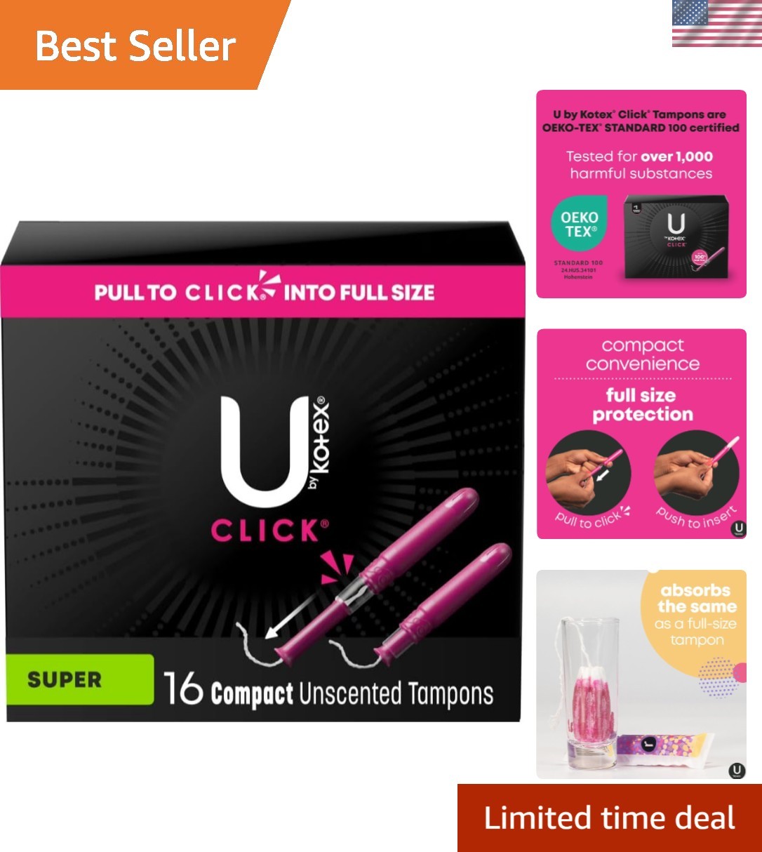 U by Click Compact Tampons, Super Absorbency, Unscented, 16 Ct Pack of 4