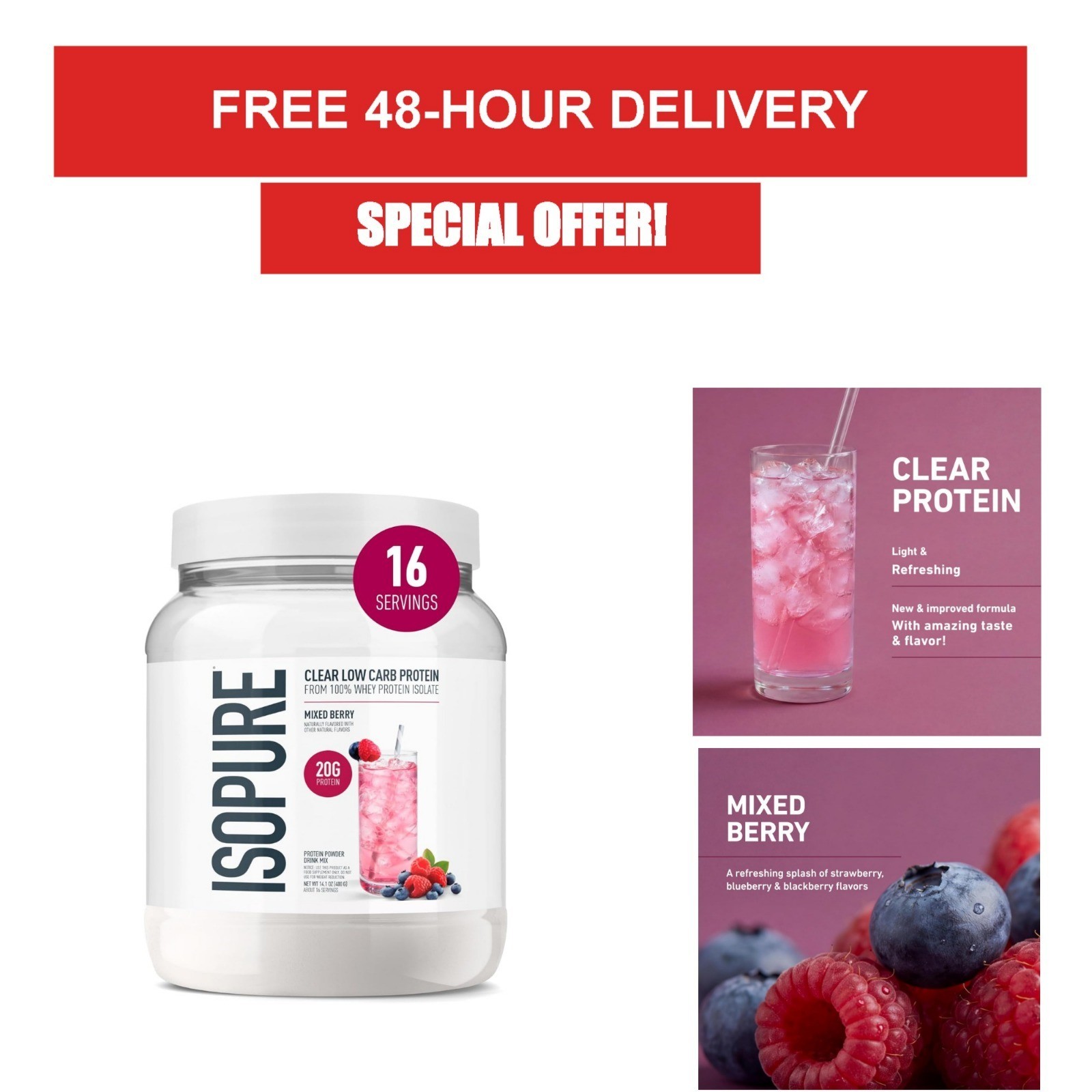Isopure Clear Whey Isolate Protein Powder - Mixed Berry Flavor, 20g Protein