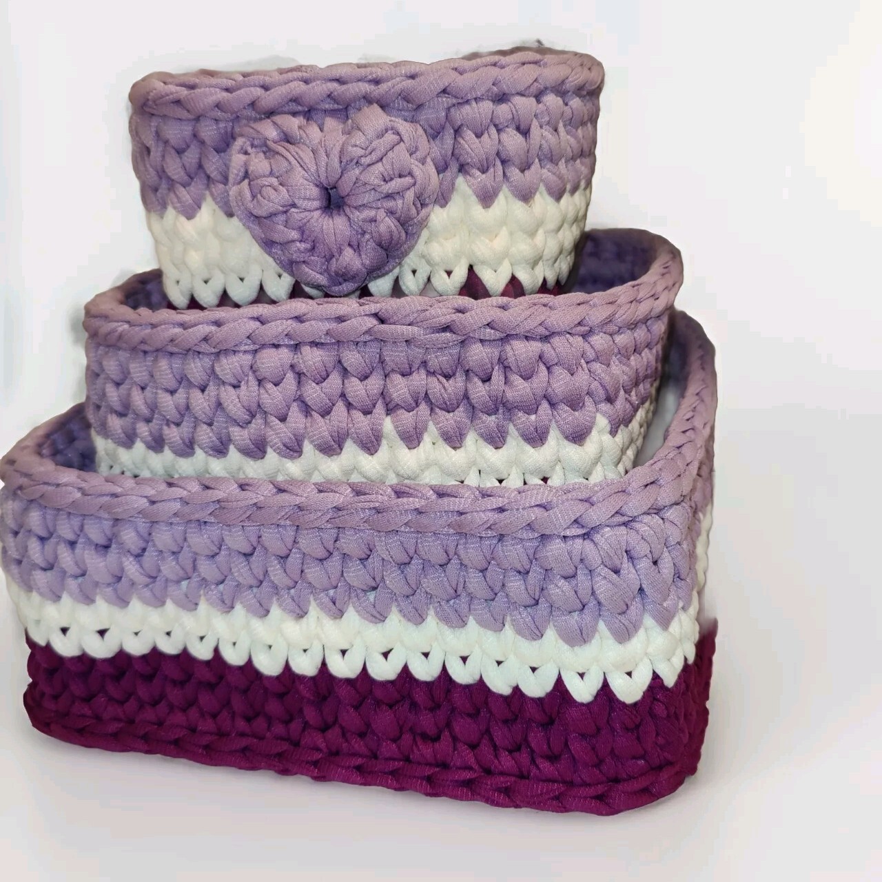Nesting Baskets Crochet Purple White Lavender Basket Cottage Organizer Storage 3