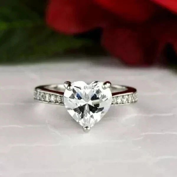 2Ct Heart Cut Moissanite Solitaire Engagement Wedding Ring 14K White Gold Plated
