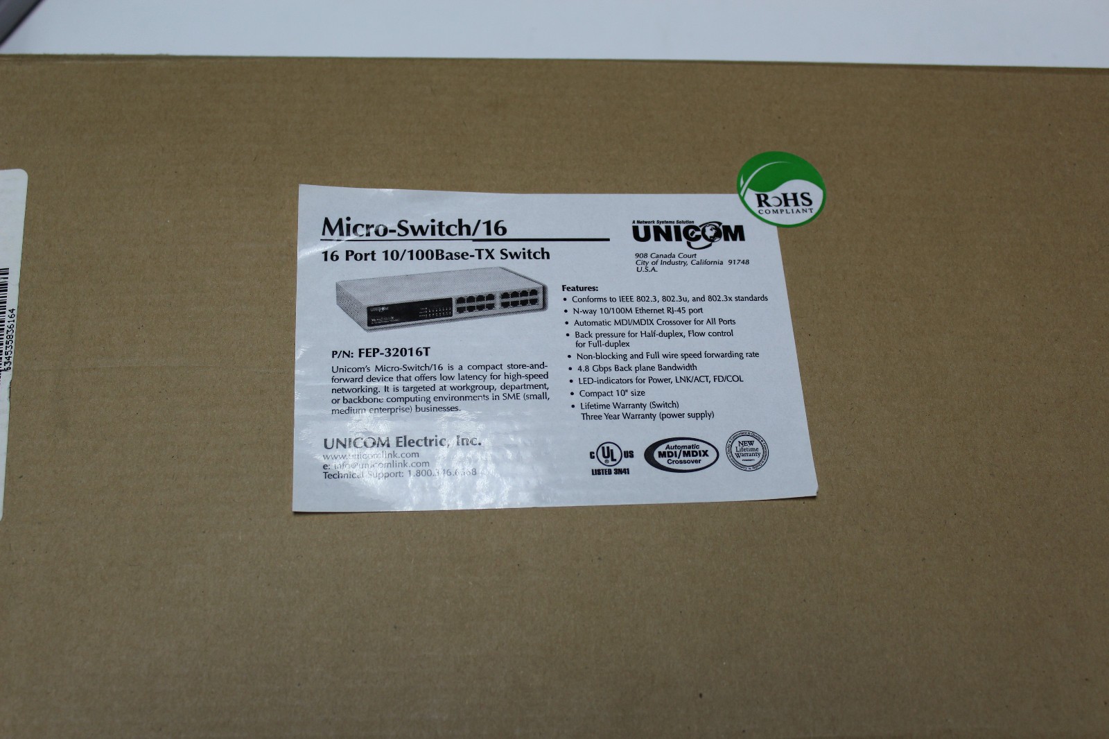 Unicom Micro-Switch/16 FEP-32016T Ethernet 16 Port 10/100Base-Network Switch